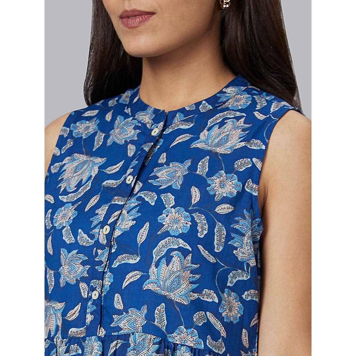 Globus Women Blue Floral Printed Sleeveless Tiered Maxi Dress-women-clothing-ethnicwear-dresses-image-5