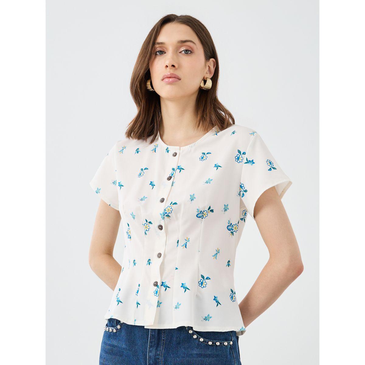 Styli Floral Print Buttoned Short Sleeve Blouse-women-clothing-shirtsandblouses-blouses-image-1