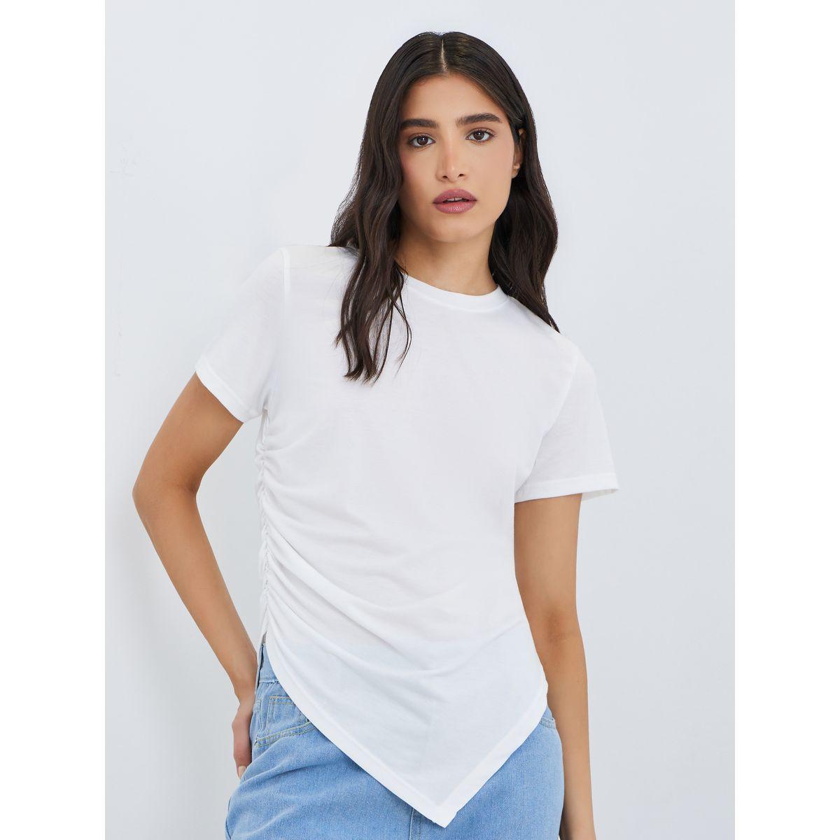 Styli Asymmetric Hem T-Shirt with Side Gathered Detail-women-clothing-tshirts-image-1