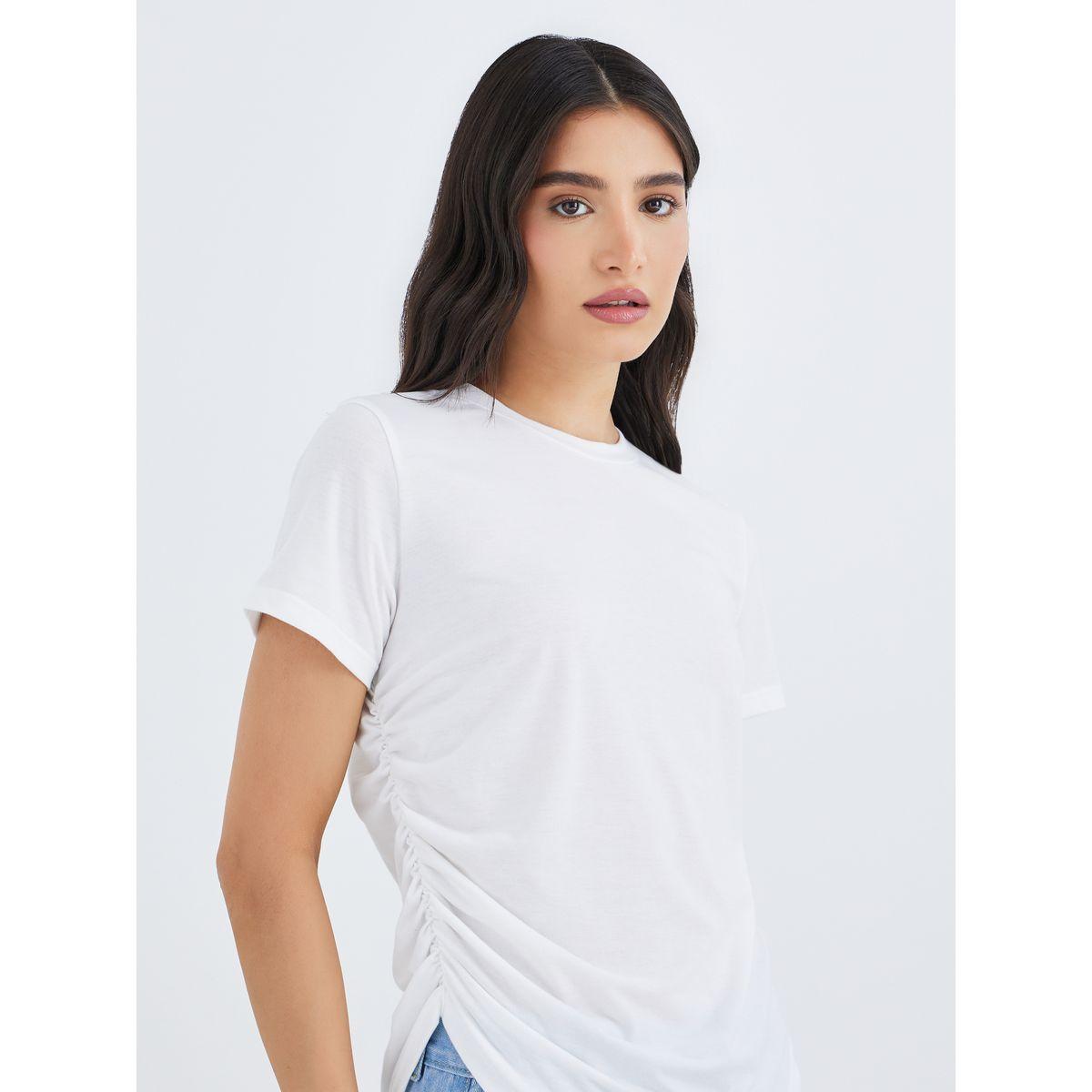 Styli Asymmetric Hem T-Shirt with Side Gathered Detail-women-clothing-tshirts-image-3