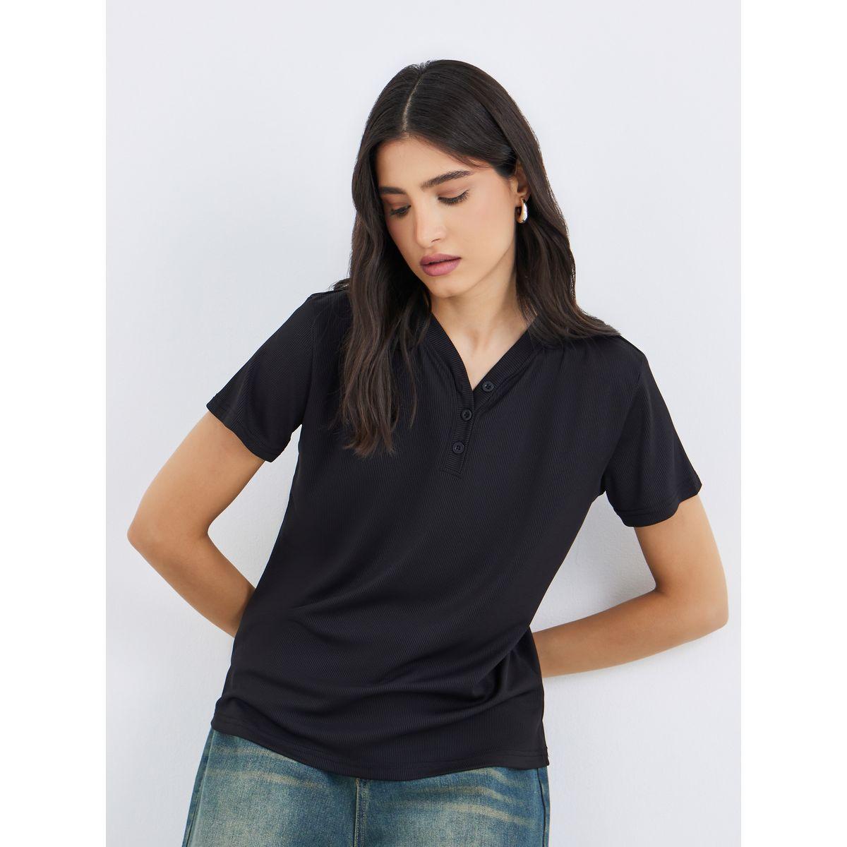 Styli Ribbed V Neck Regular Fit T-Shirt-women-clothing-tshirts-image-1