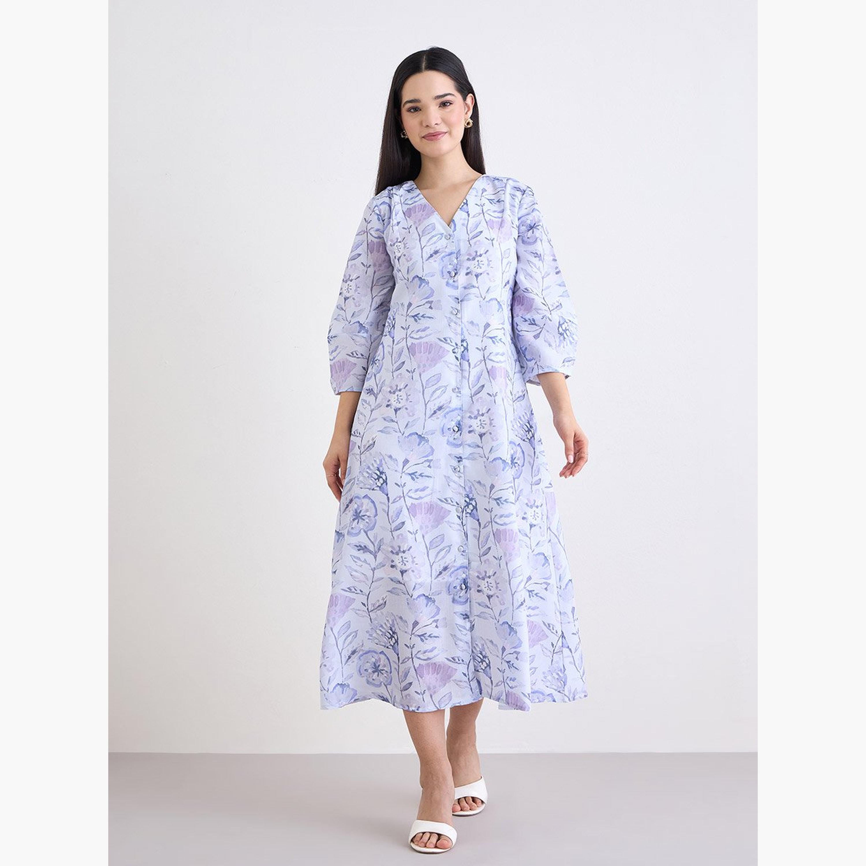 Styli Floral Print Buttoned A-Line Midi Dress-women-clothing-dresses-image-1