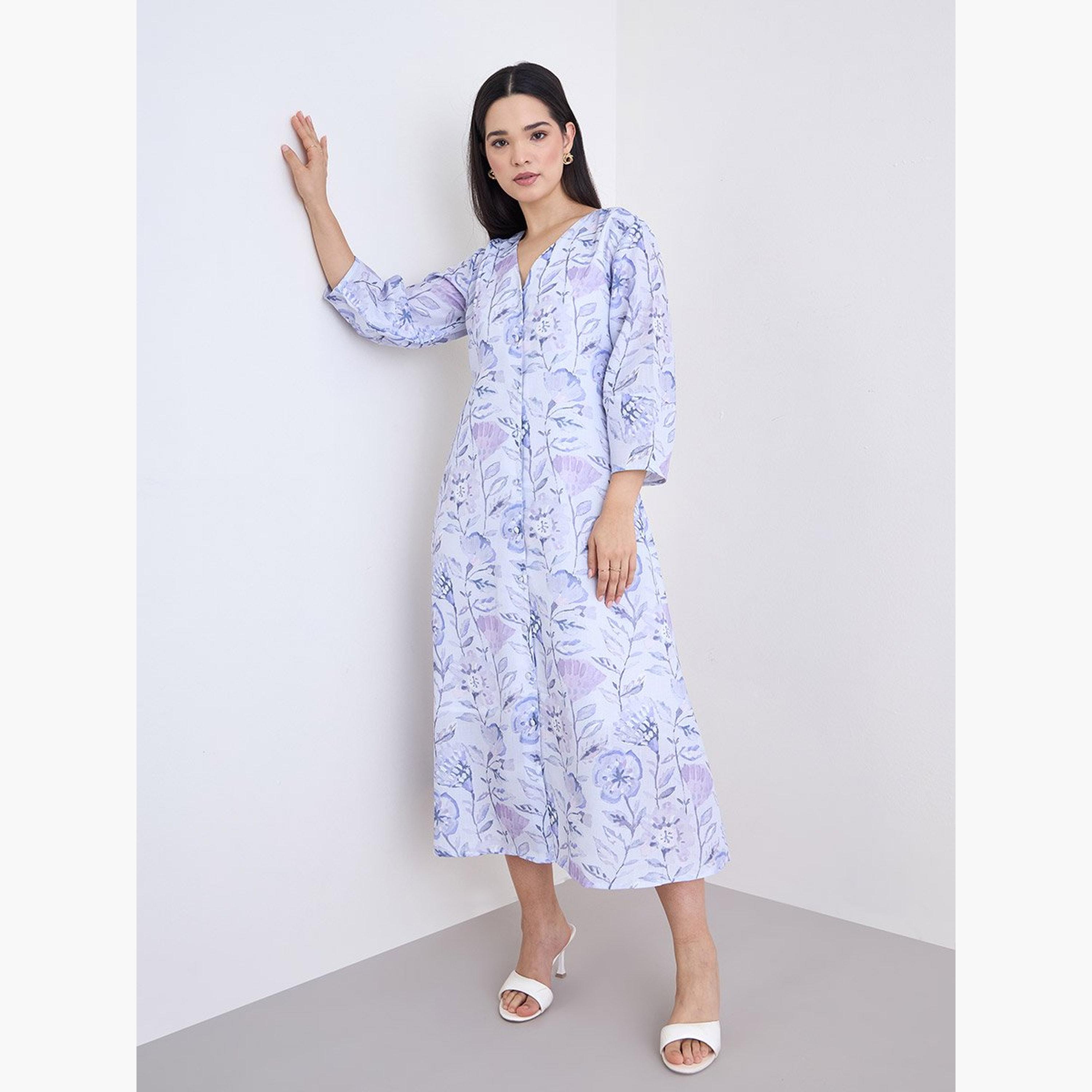 Styli Floral Print Buttoned A-Line Midi Dress-women-clothing-dresses-image-2