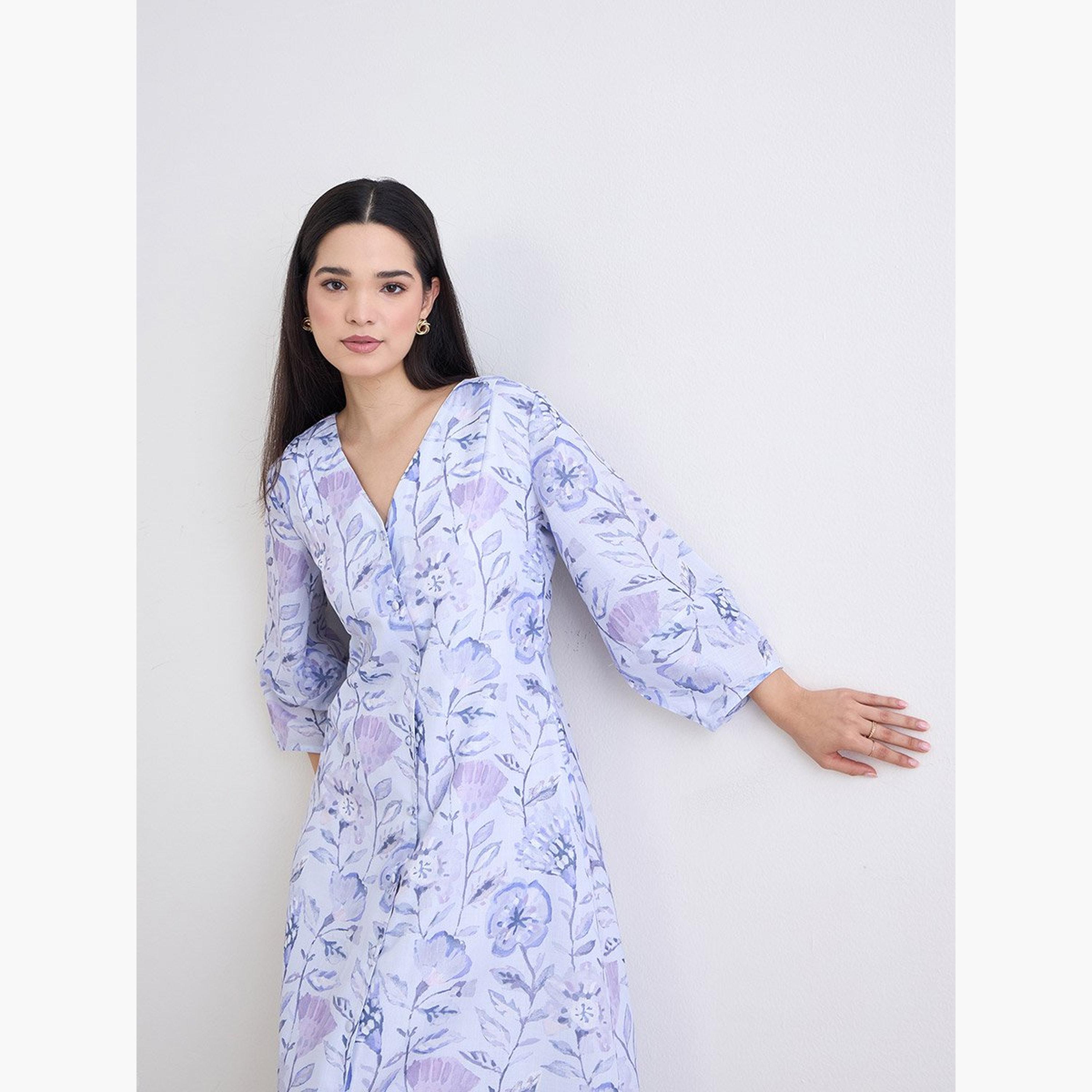 Styli Floral Print Buttoned A-Line Midi Dress-women-clothing-dresses-image-3
