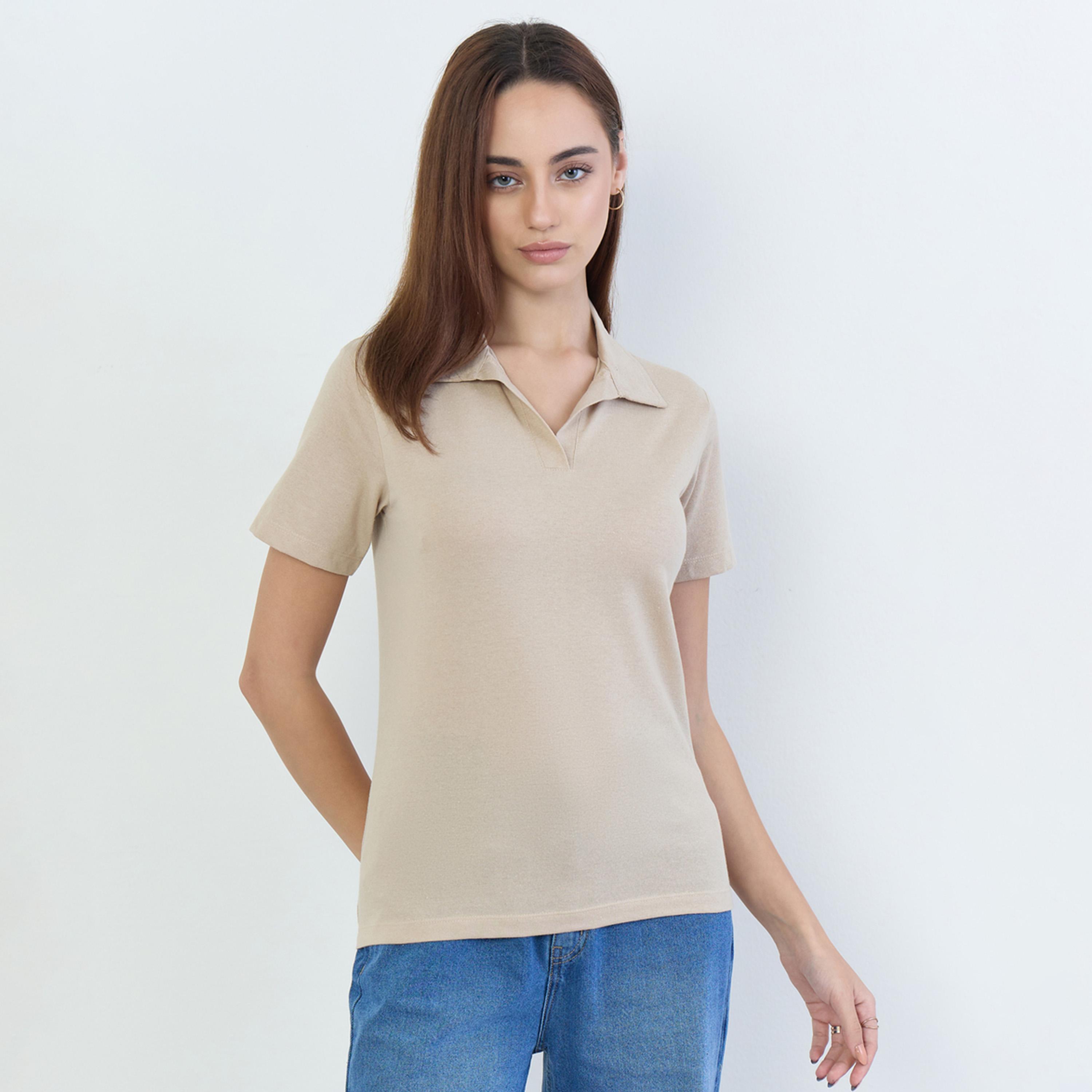 Styli Beige Cotton Polo T-Shirt-women-clothing-tshirts-image-1