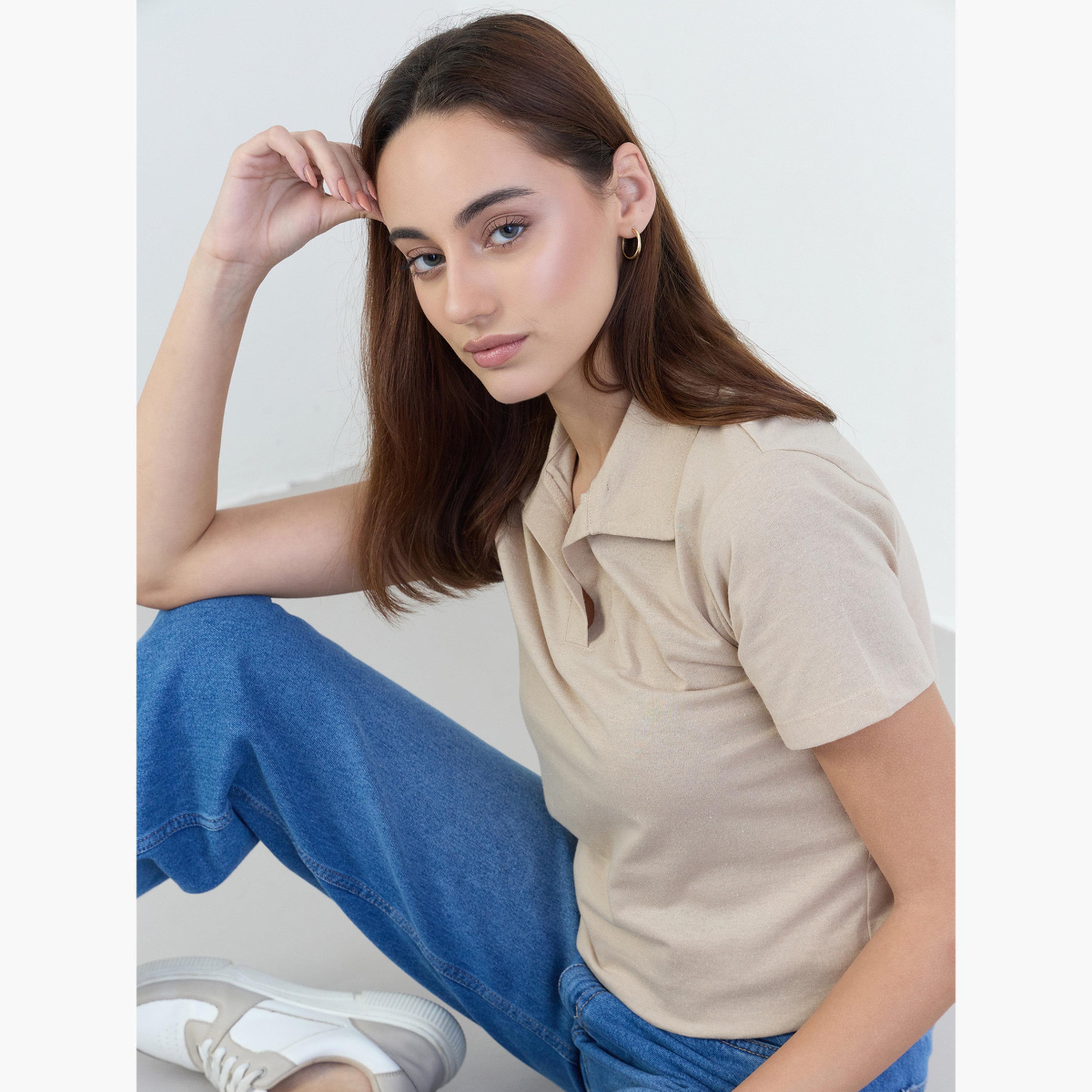 ستايلي - تي شيرت بولو قطن لون بيج-women-clothing-tshirts-image-3