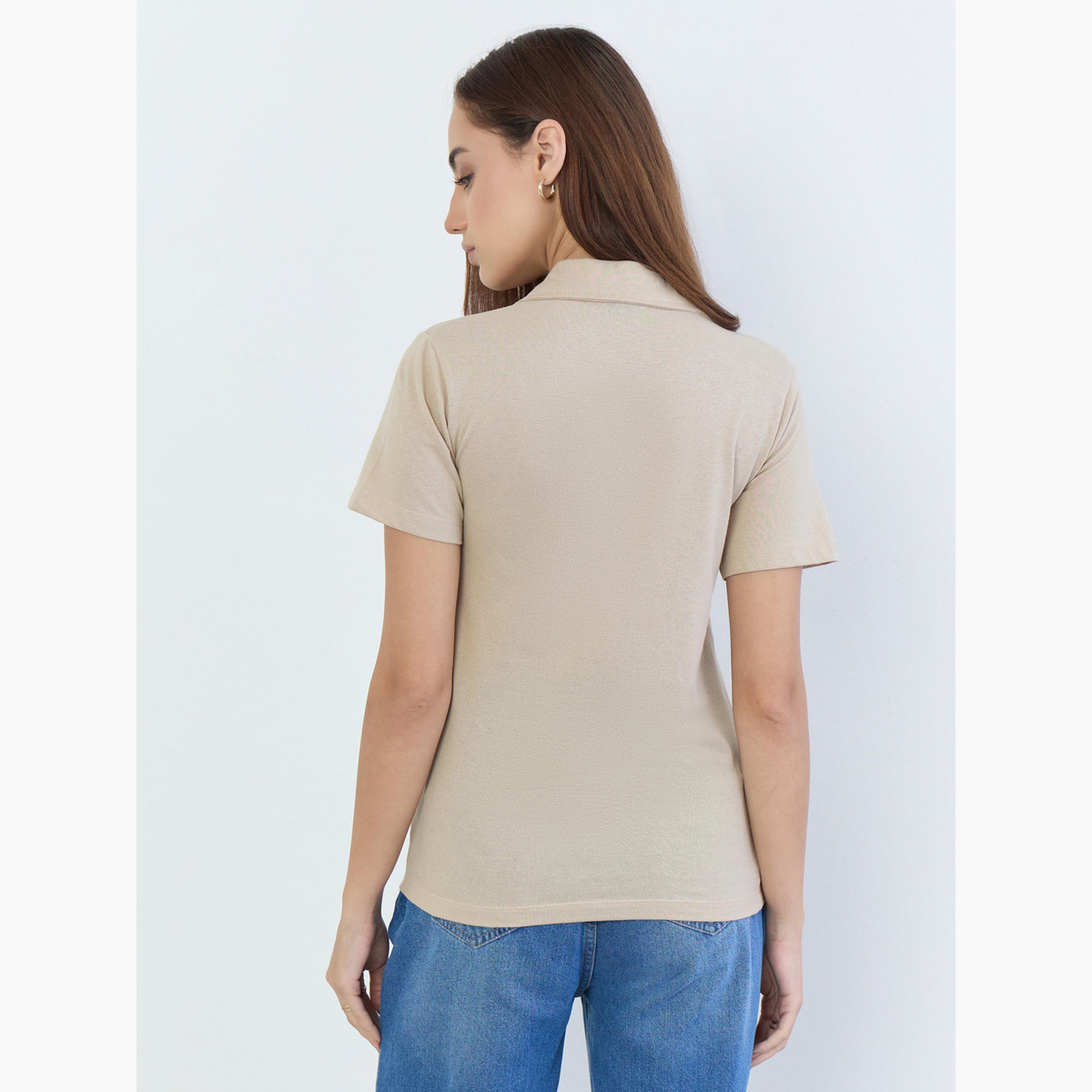 Styli Beige Cotton Polo T-Shirt-women-clothing-tshirts-image-5