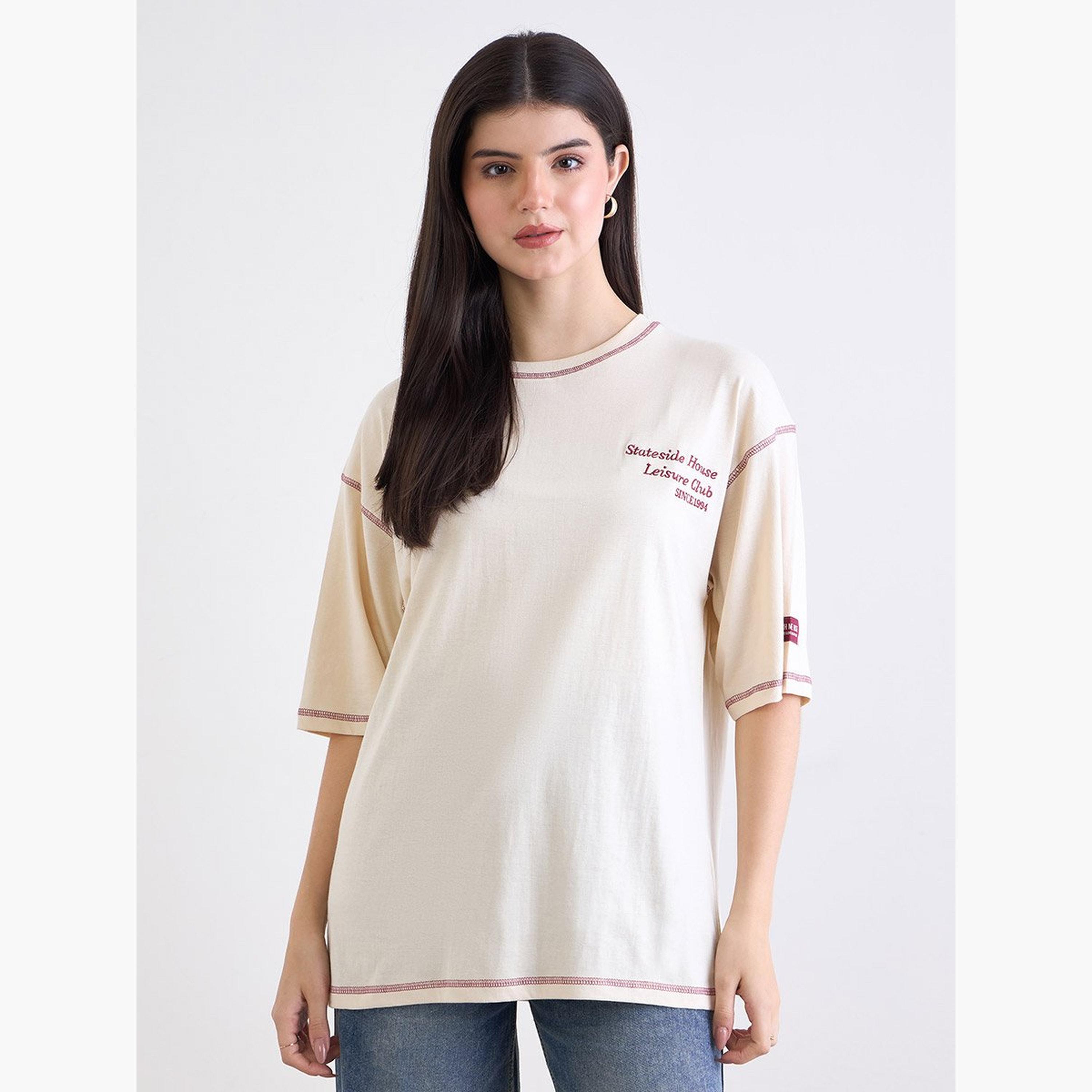 Styli Beige Embroidered Oversized T-Shirt-women-clothing-tshirts-image-1