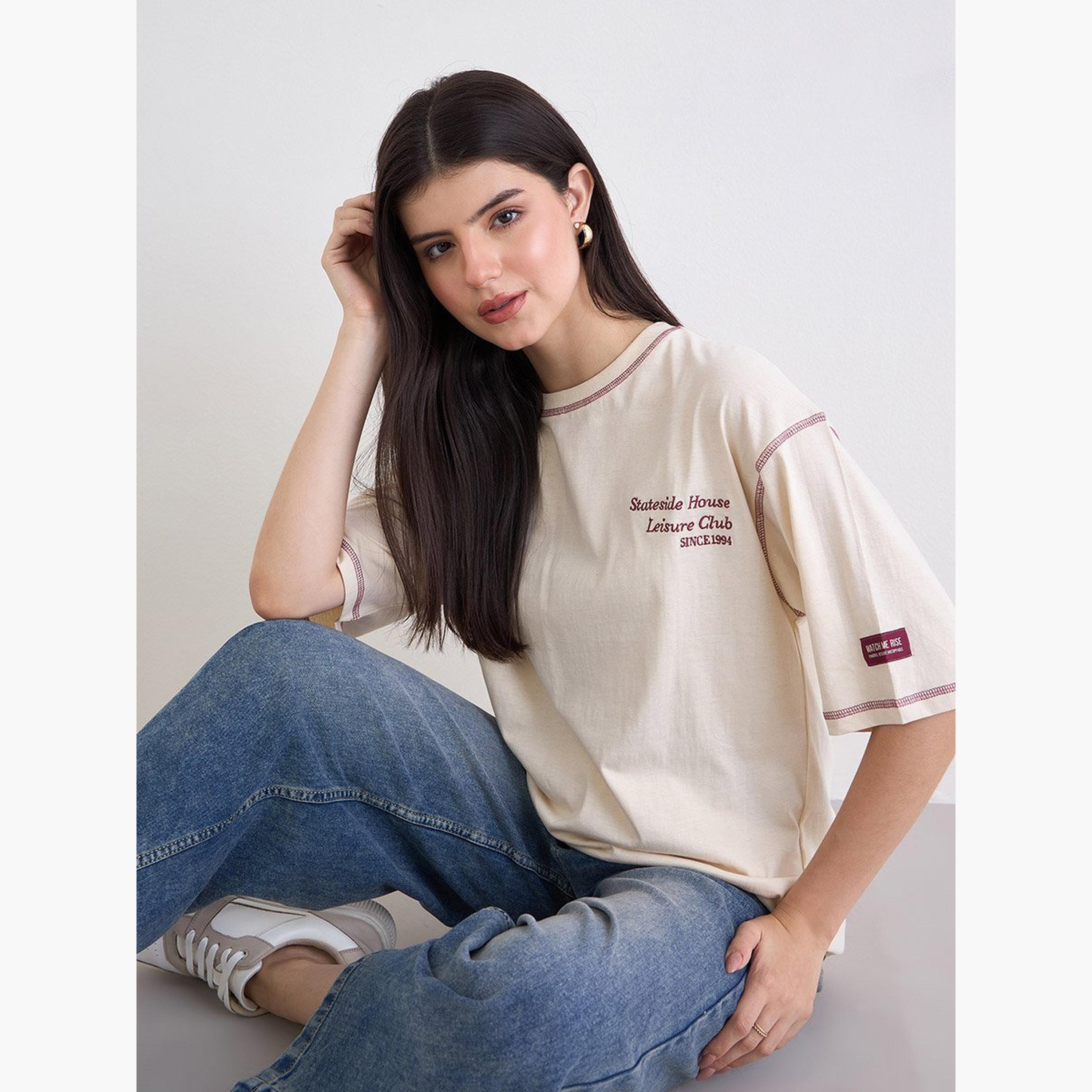 Styli Beige Embroidered Oversized T-Shirt-women-clothing-tshirts-image-3