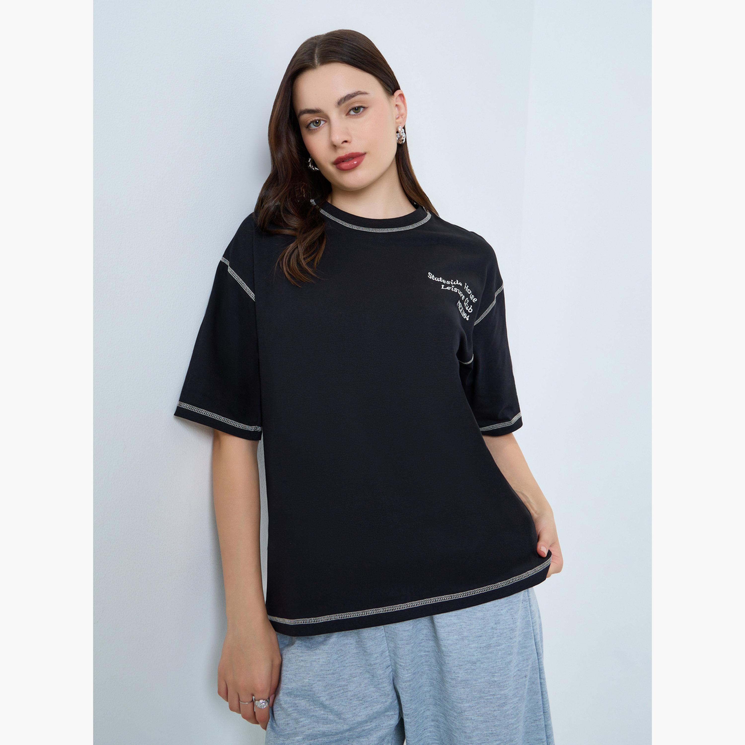 Styli Black Embroidered Oversized T-Shirt with Contrast Stitching-women-clothing-tshirts-image-1