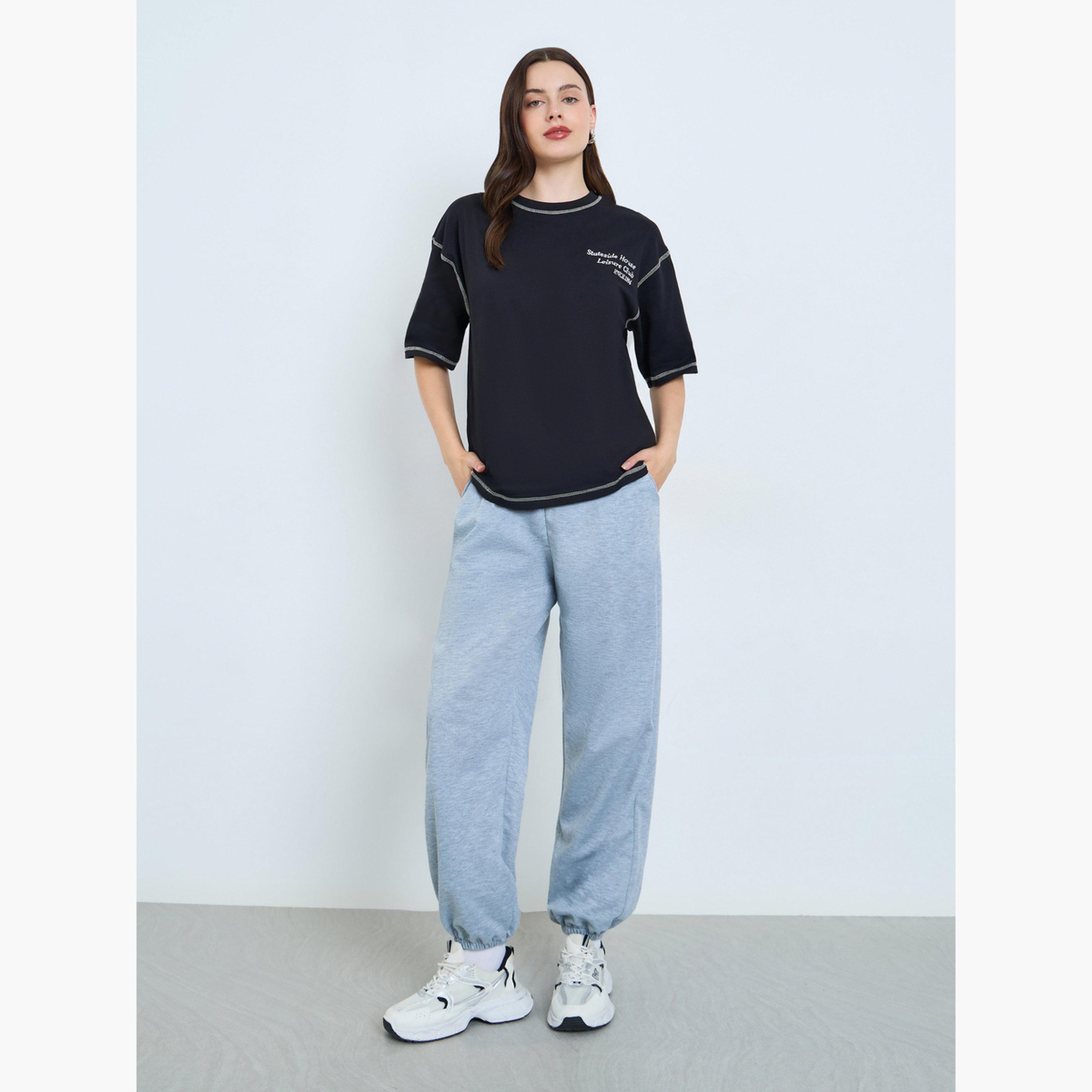 Styli Black Embroidered Oversized T-Shirt with Contrast Stitching-women-clothing-tshirts-image-2