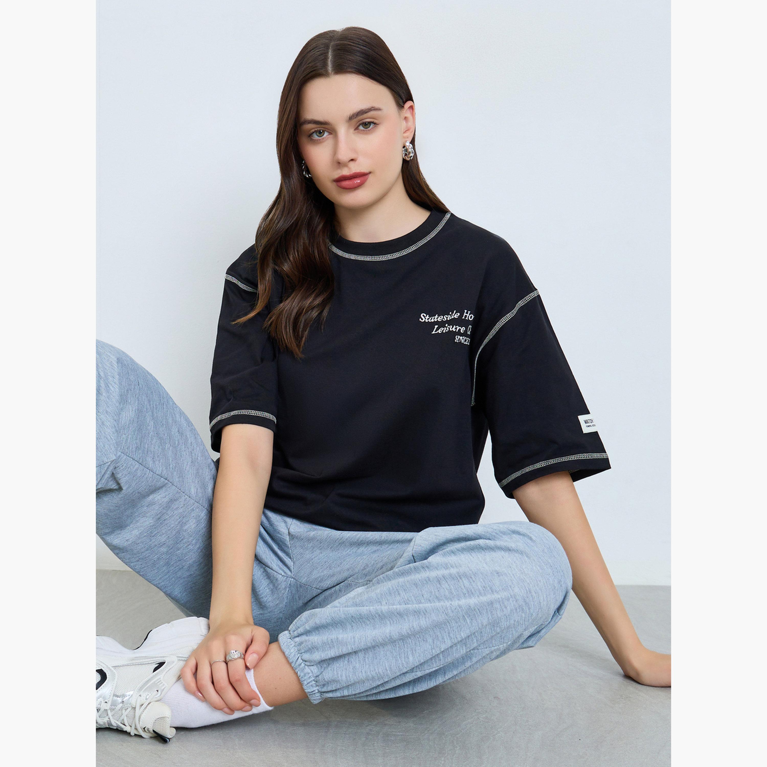 Styli Black Embroidered Oversized T-Shirt with Contrast Stitching-women-clothing-tshirts-image-3