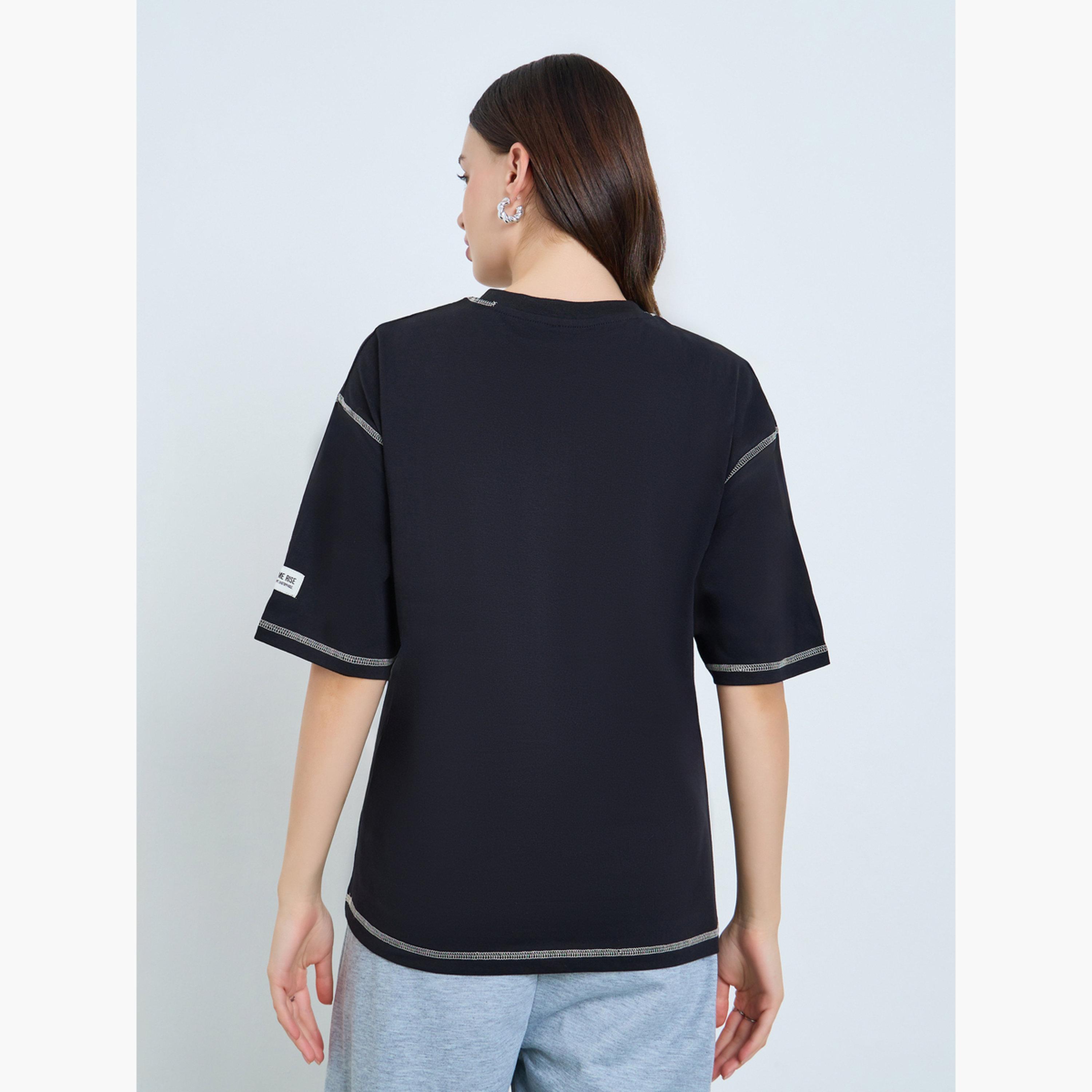 Styli Black Embroidered Oversized T-Shirt with Contrast Stitching-women-clothing-tshirts-image-4