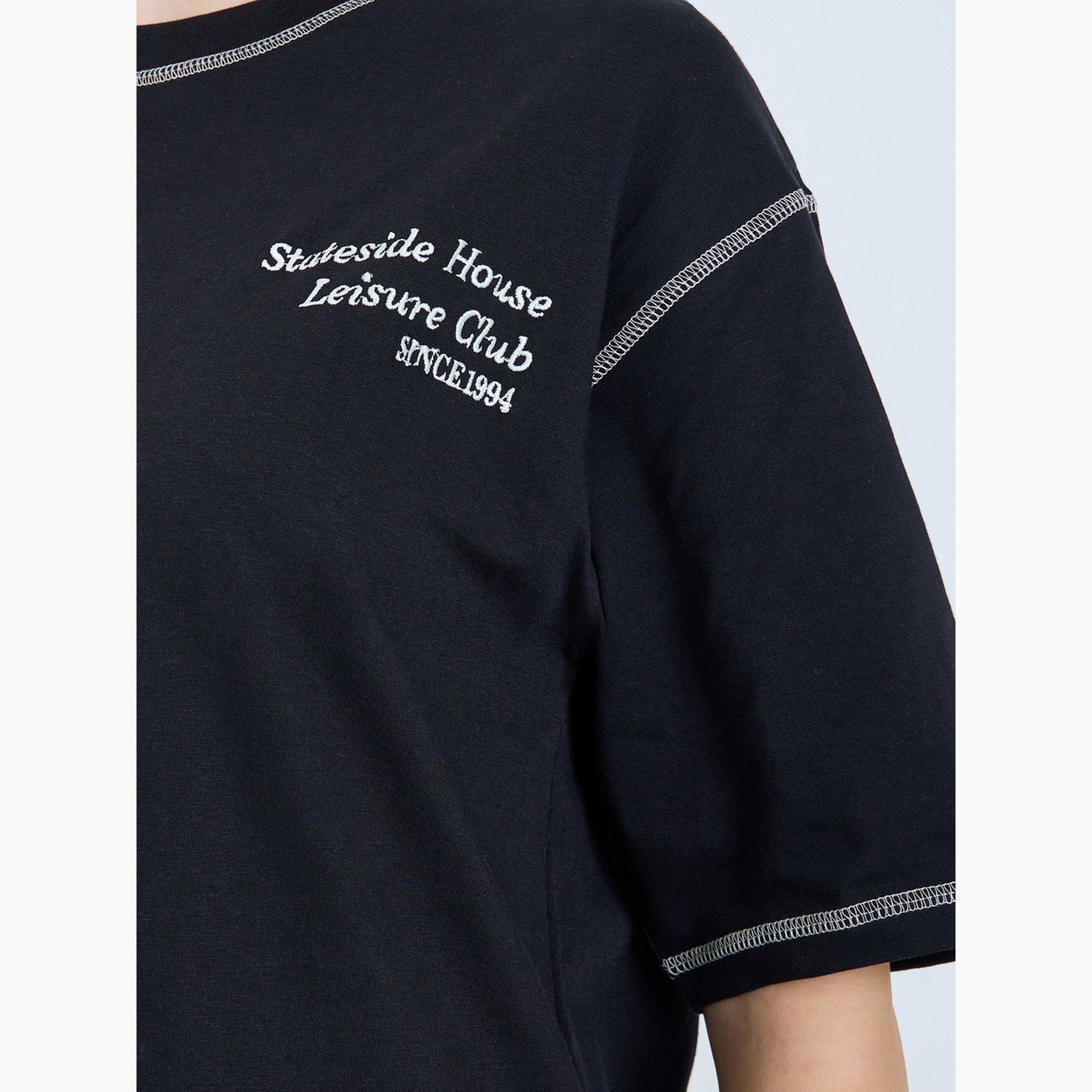 Styli Black Embroidered Oversized T-Shirt with Contrast Stitching-women-clothing-tshirts-image-5