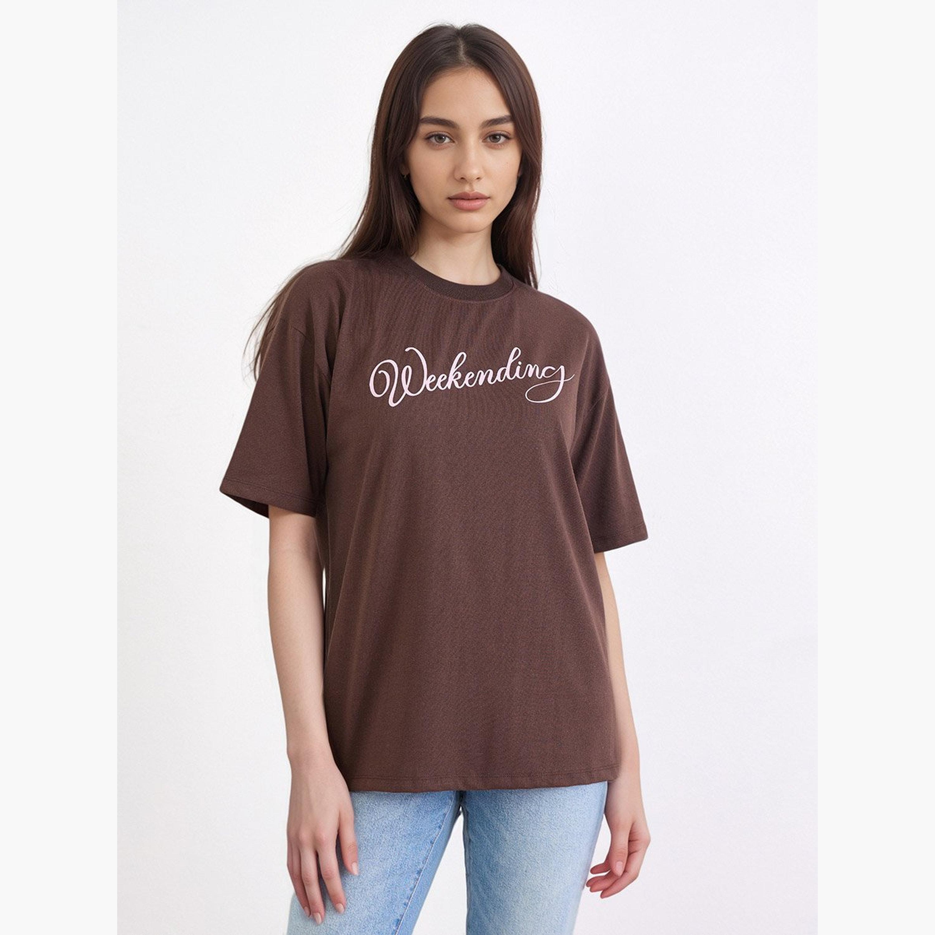 Styli Brown Oversized Weekending Slogan T-Shirt-women-clothing-tshirts-image-1