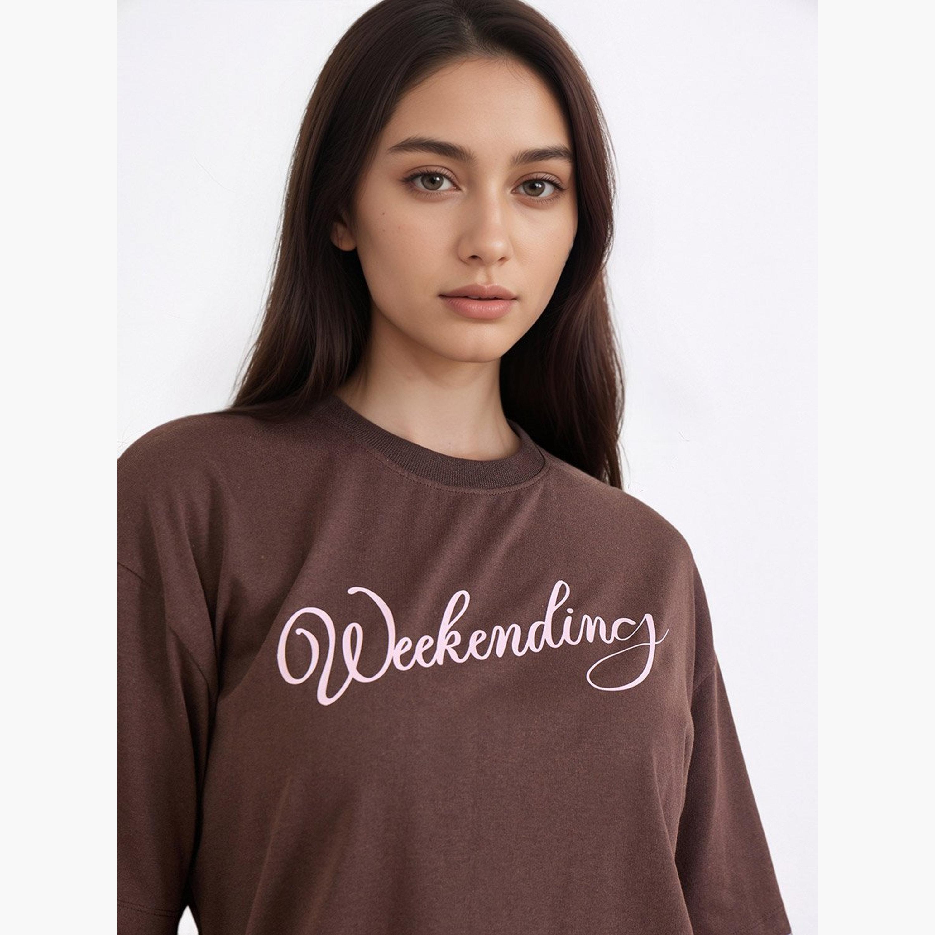 Styli Brown Oversized Weekending Slogan T-Shirt-women-clothing-tshirts-image-3
