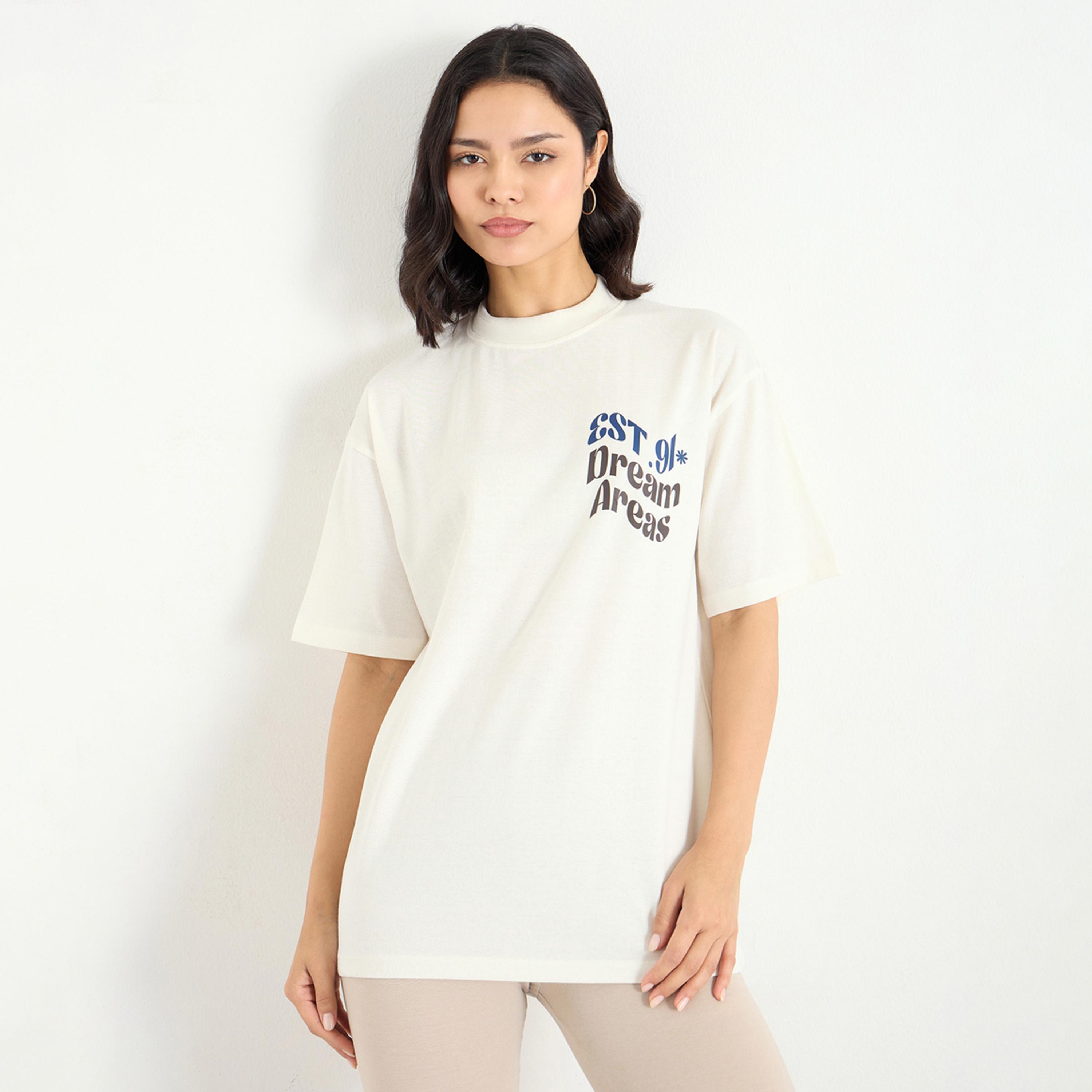 Styli Beige Slogan Print Oversized T-Shirt-women-clothing-tshirts-image-1