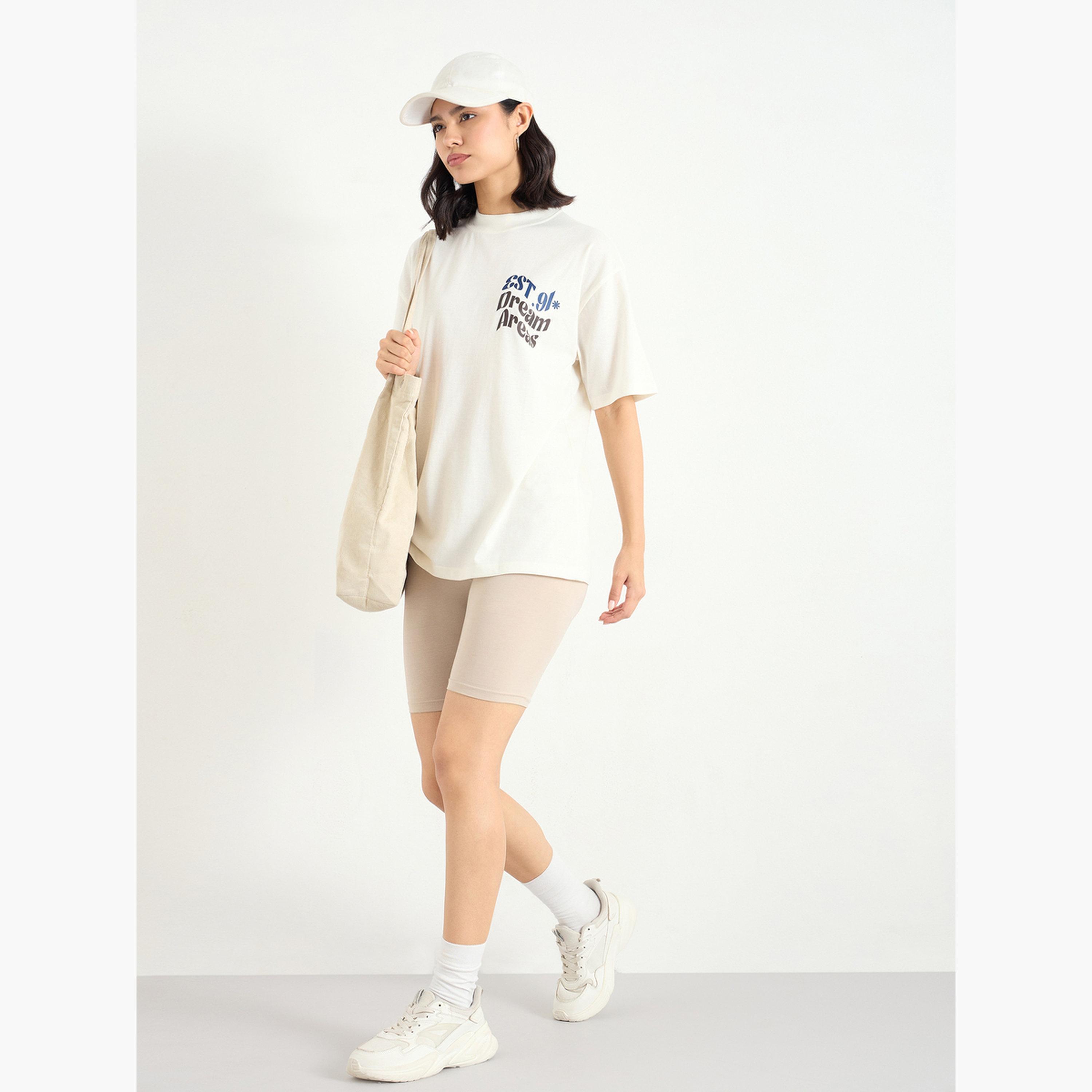 Styli Beige Slogan Print Oversized T-Shirt-women-clothing-tshirts-image-2
