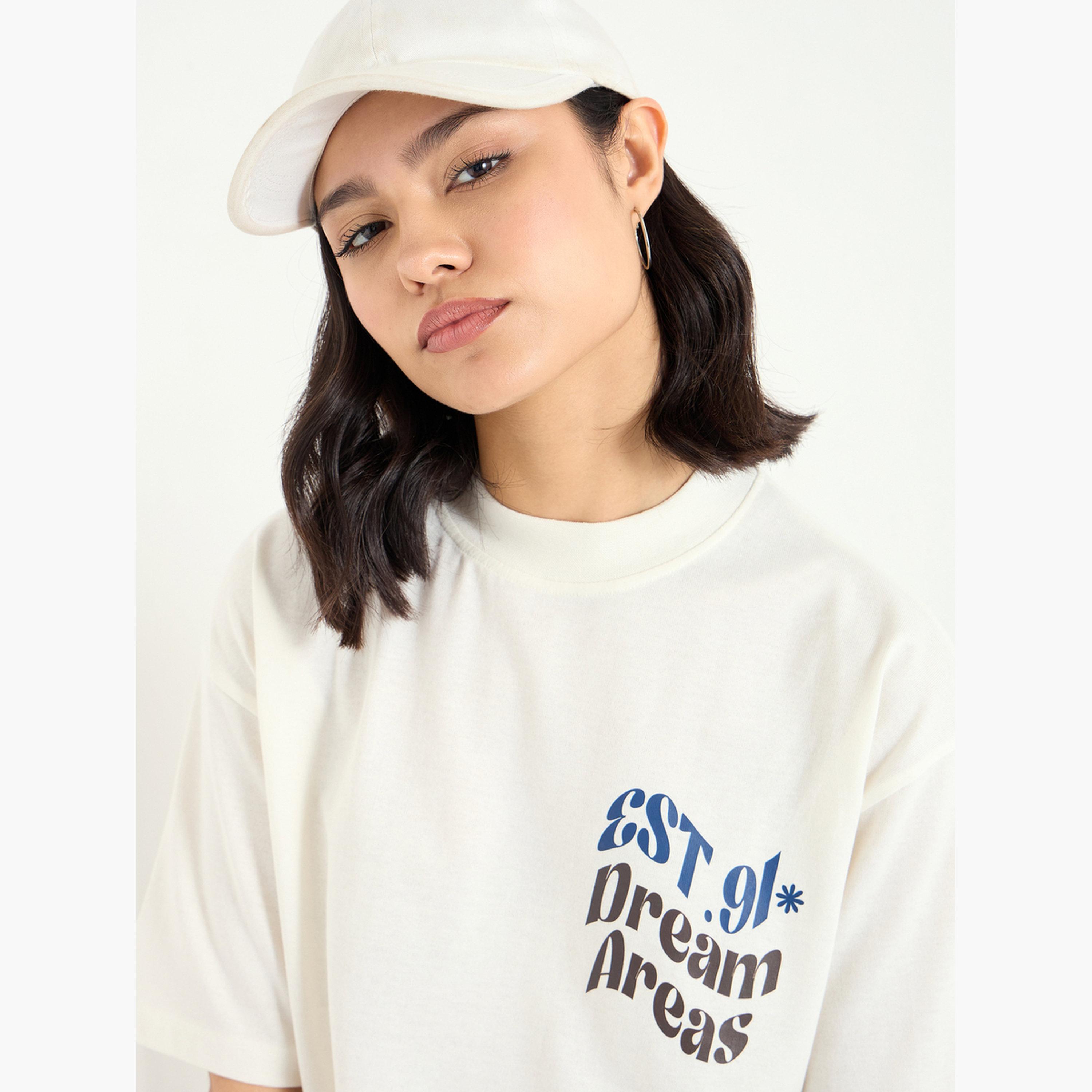 Styli Beige Slogan Print Oversized T-Shirt-women-clothing-tshirts-image-3