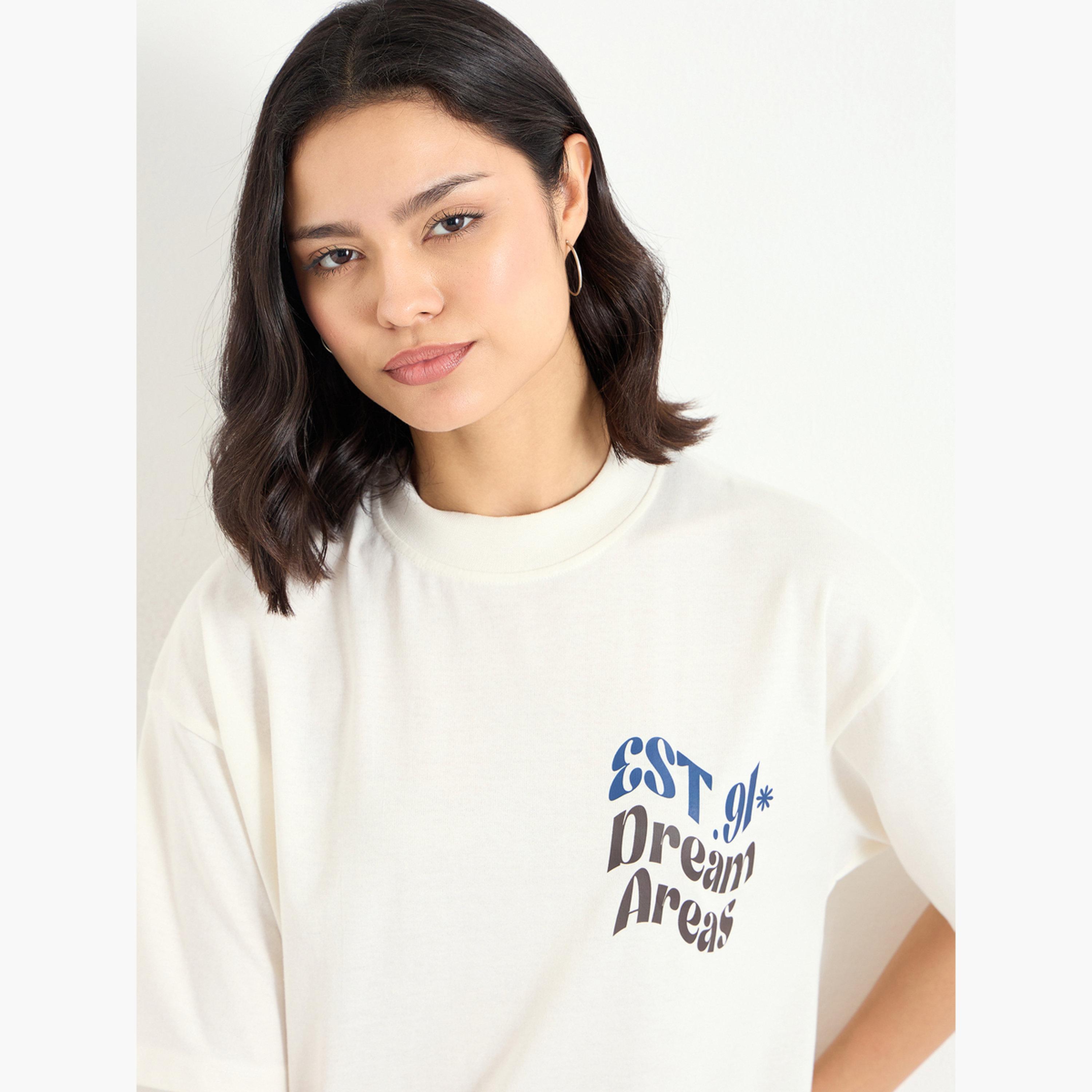 Styli Beige Slogan Print Oversized T-Shirt-women-clothing-tshirts-image-4