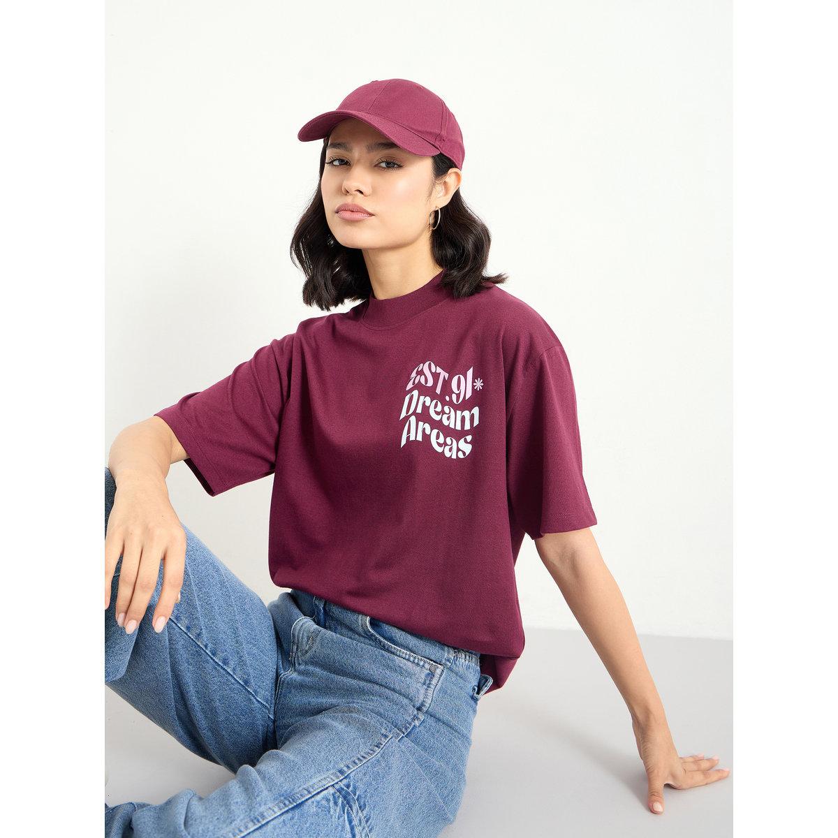 Styli Burgundy Slogan Oversized T-Shirt-women-clothing-tshirts-image-1