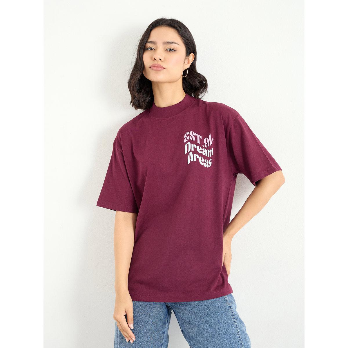 Styli Burgundy Slogan Oversized T-Shirt-women-clothing-tshirts-image-3