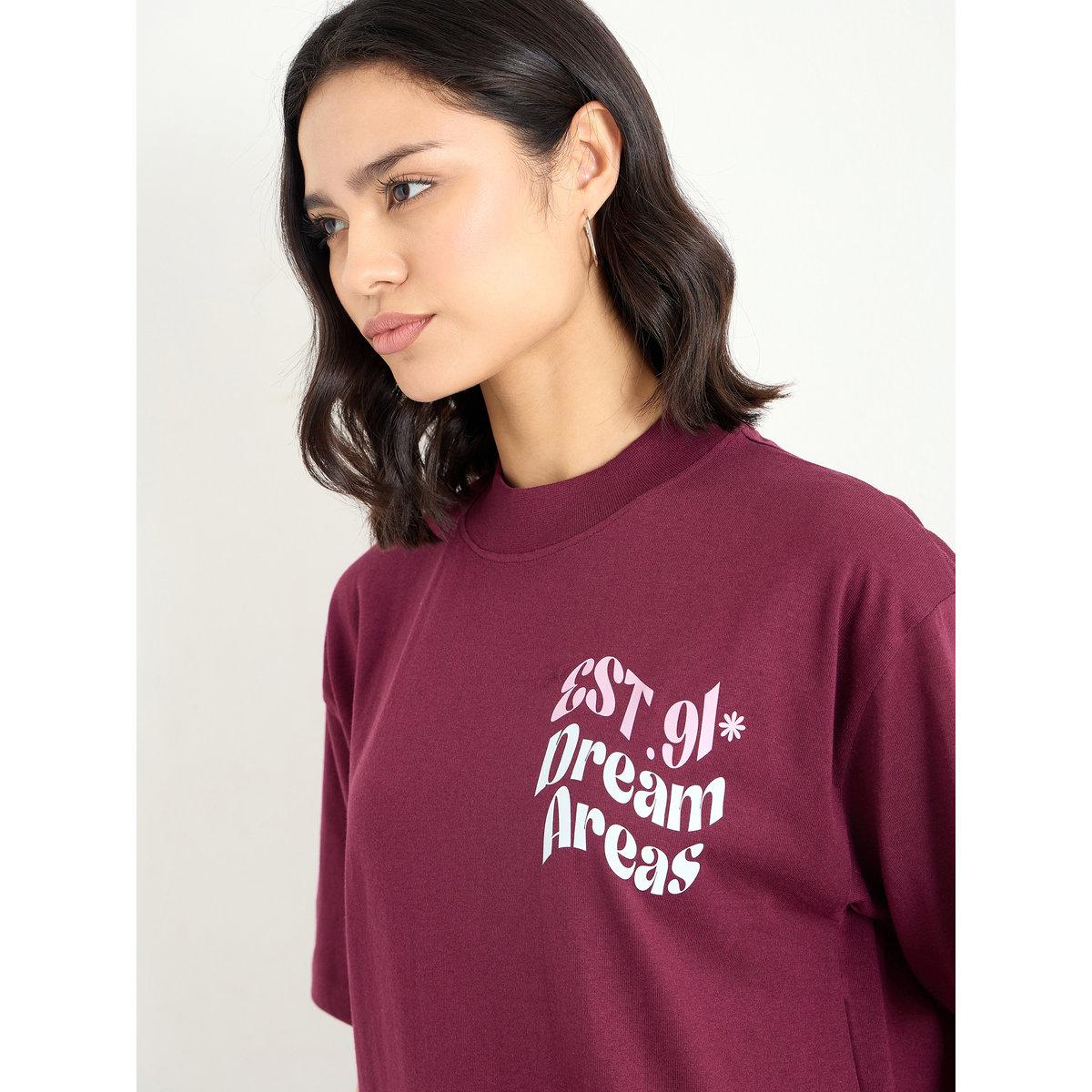 Styli Burgundy Slogan Oversized T-Shirt-women-clothing-tshirts-image-4