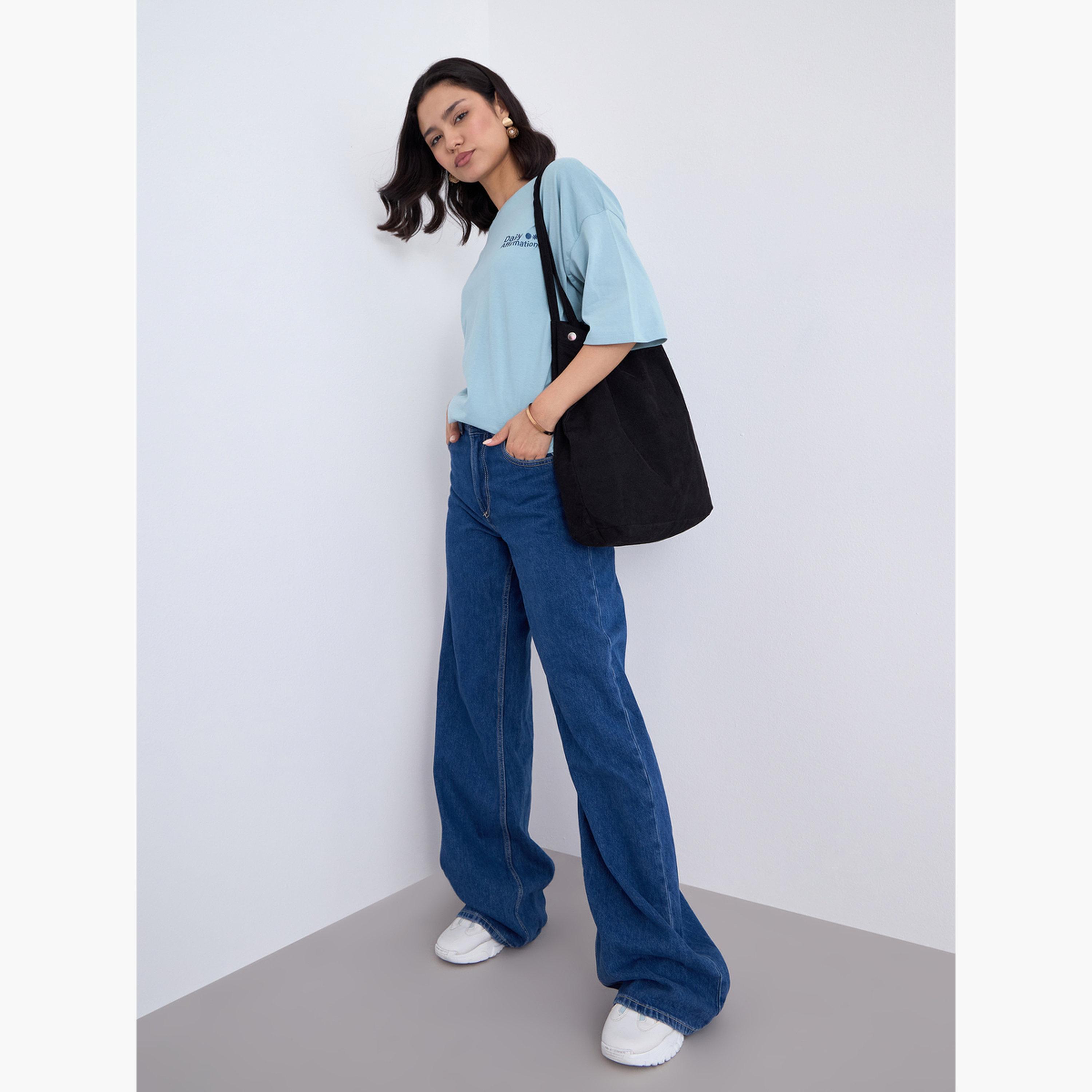 Styli Blue Oversized Slogan Print T-Shirt-women-clothing-tshirts-image-2