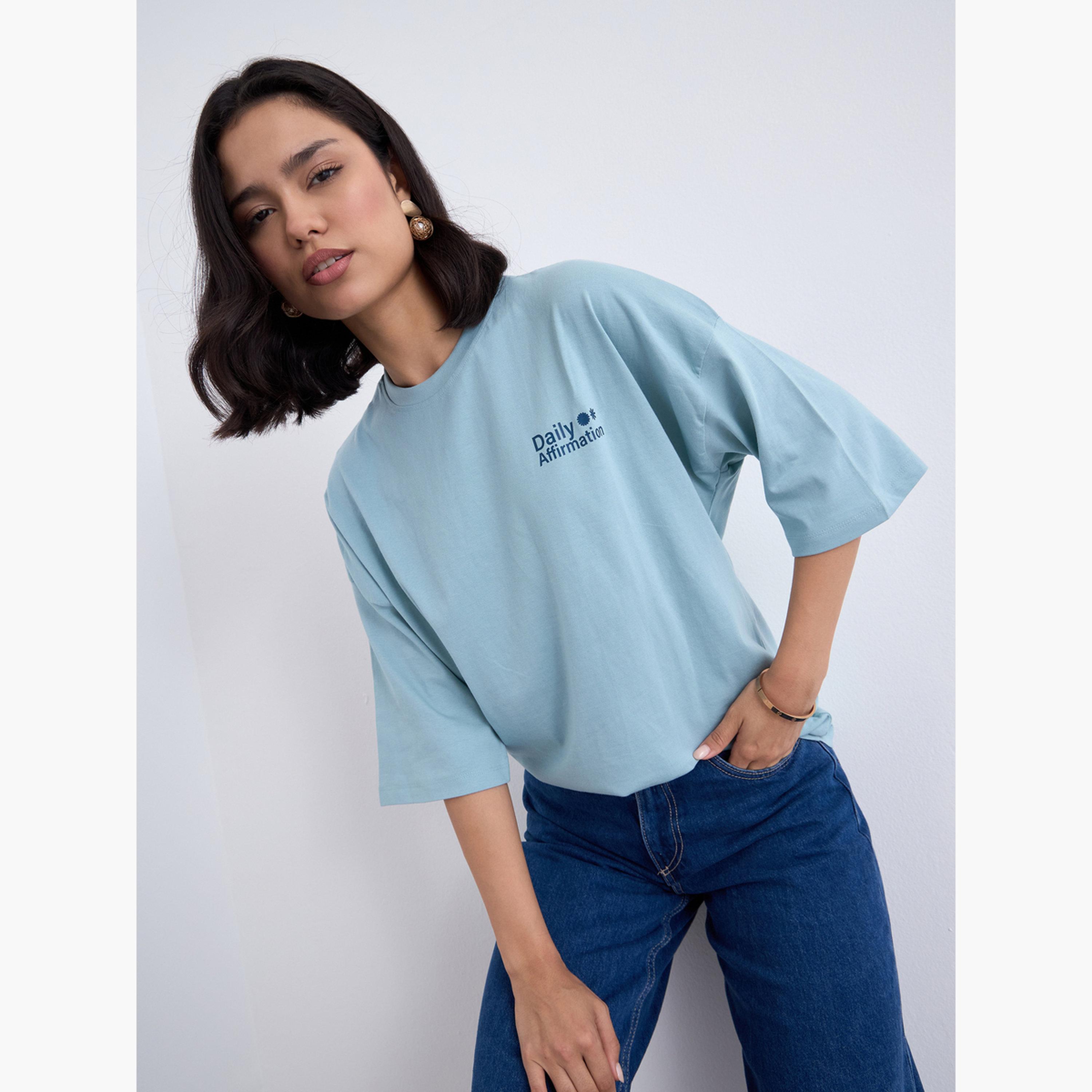 Styli Blue Oversized Slogan Print T-Shirt-women-clothing-tshirts-image-3