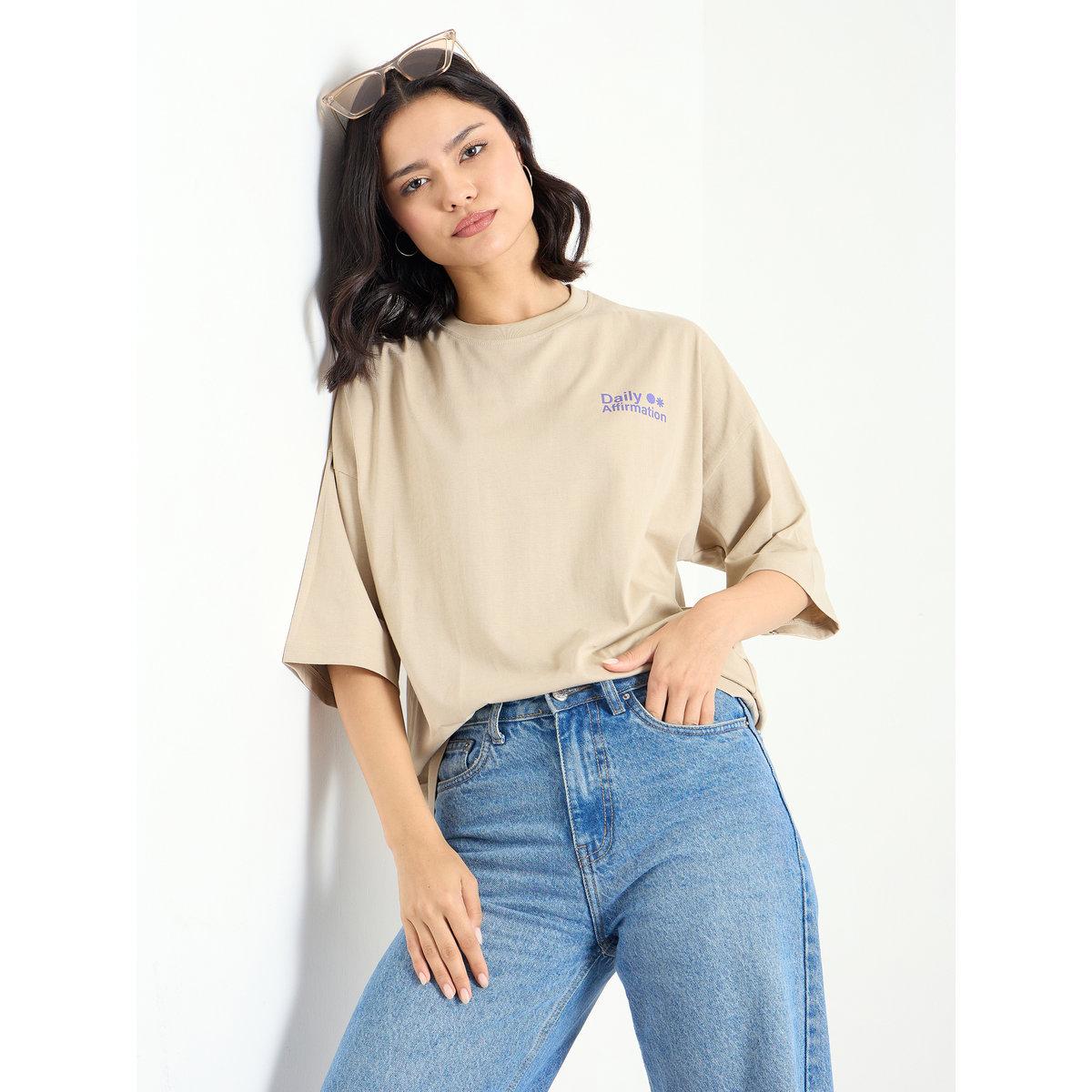 Styli Beige Dropped Shoulder Oversized T-Shirt-women-clothing-tshirts-image-1
