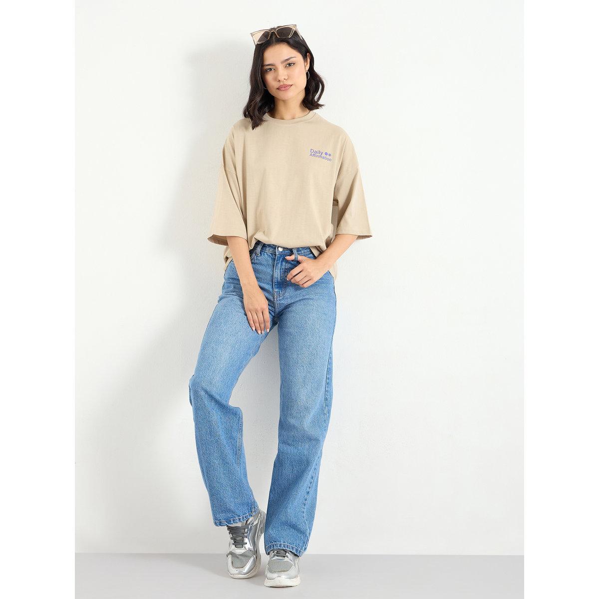 Styli Beige Dropped Shoulder Oversized T-Shirt-women-clothing-tshirts-image-2