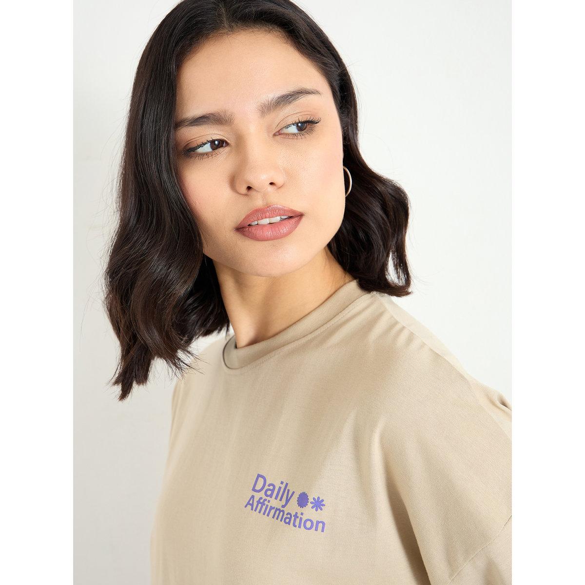 Styli Beige Dropped Shoulder Oversized T-Shirt-women-clothing-tshirts-image-4