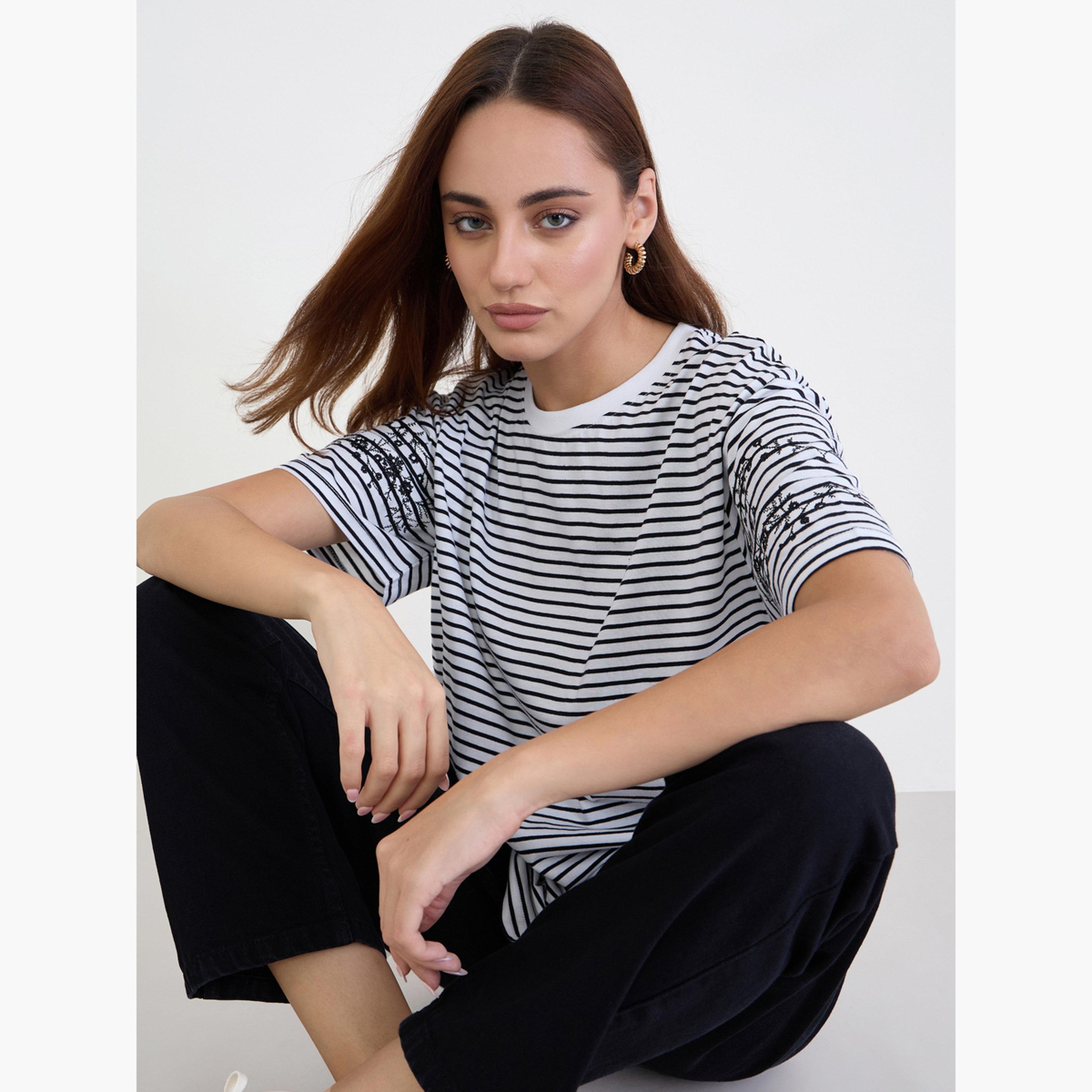 Styli Striped Embroidered Sleeve Oversized T-Shirt-women-clothing-tshirts-image-3