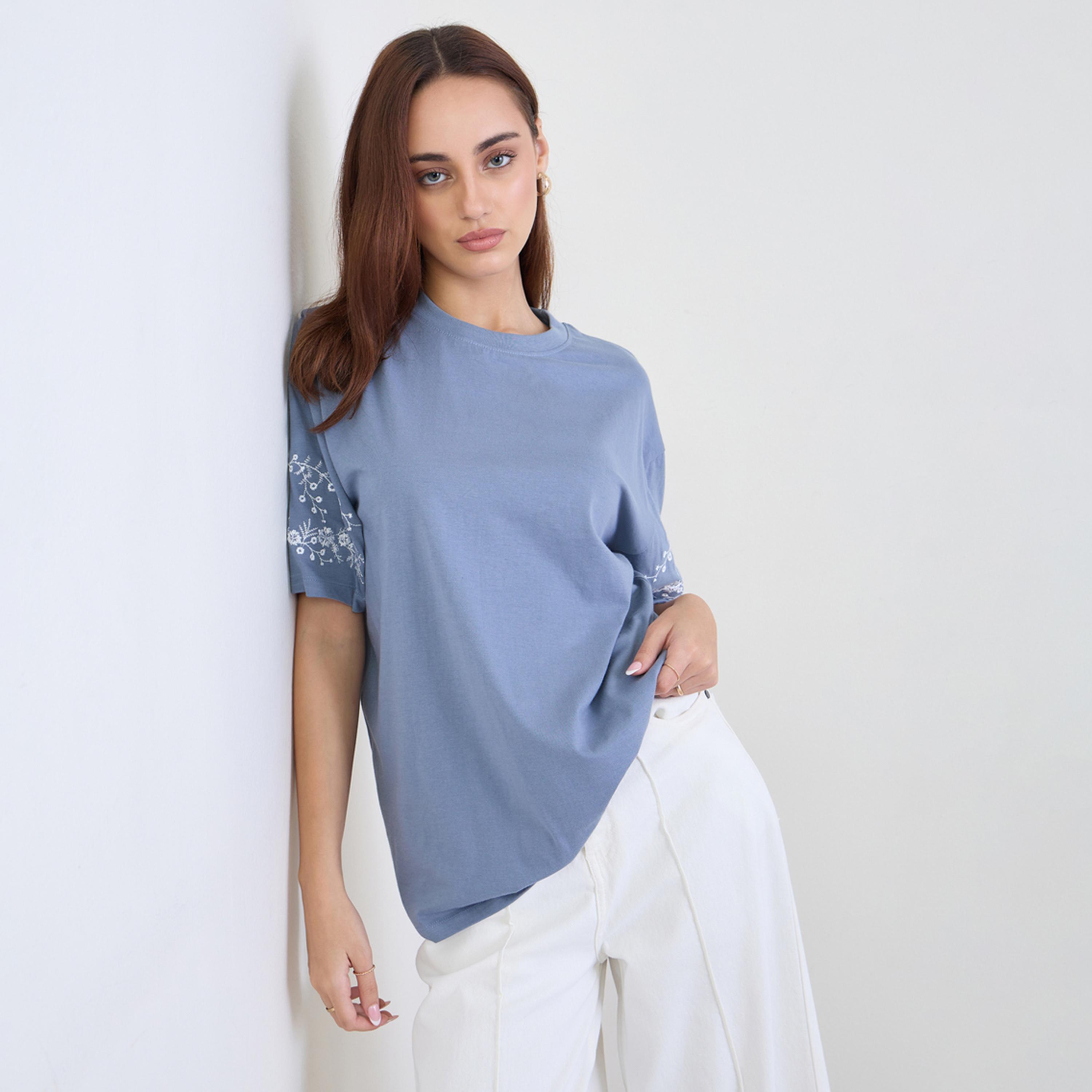 Styli Blue Embroidered Sleeve Oversized T-Shirt-women-clothing-tshirts-image-1