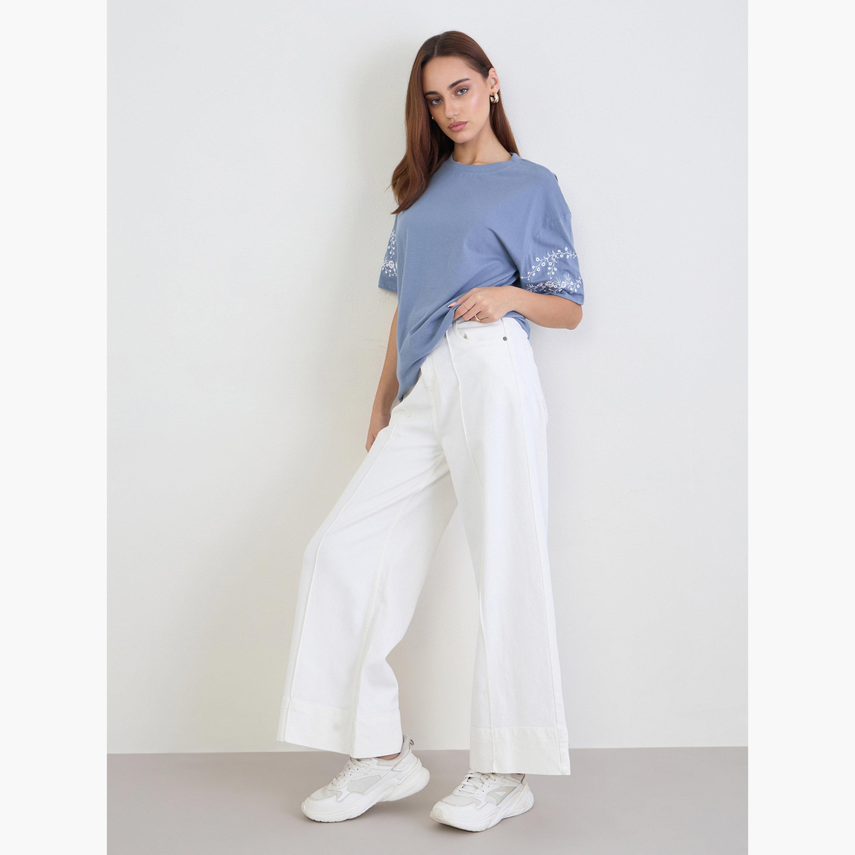 Styli Blue Embroidered Sleeve Oversized T-Shirt-women-clothing-tshirts-image-2