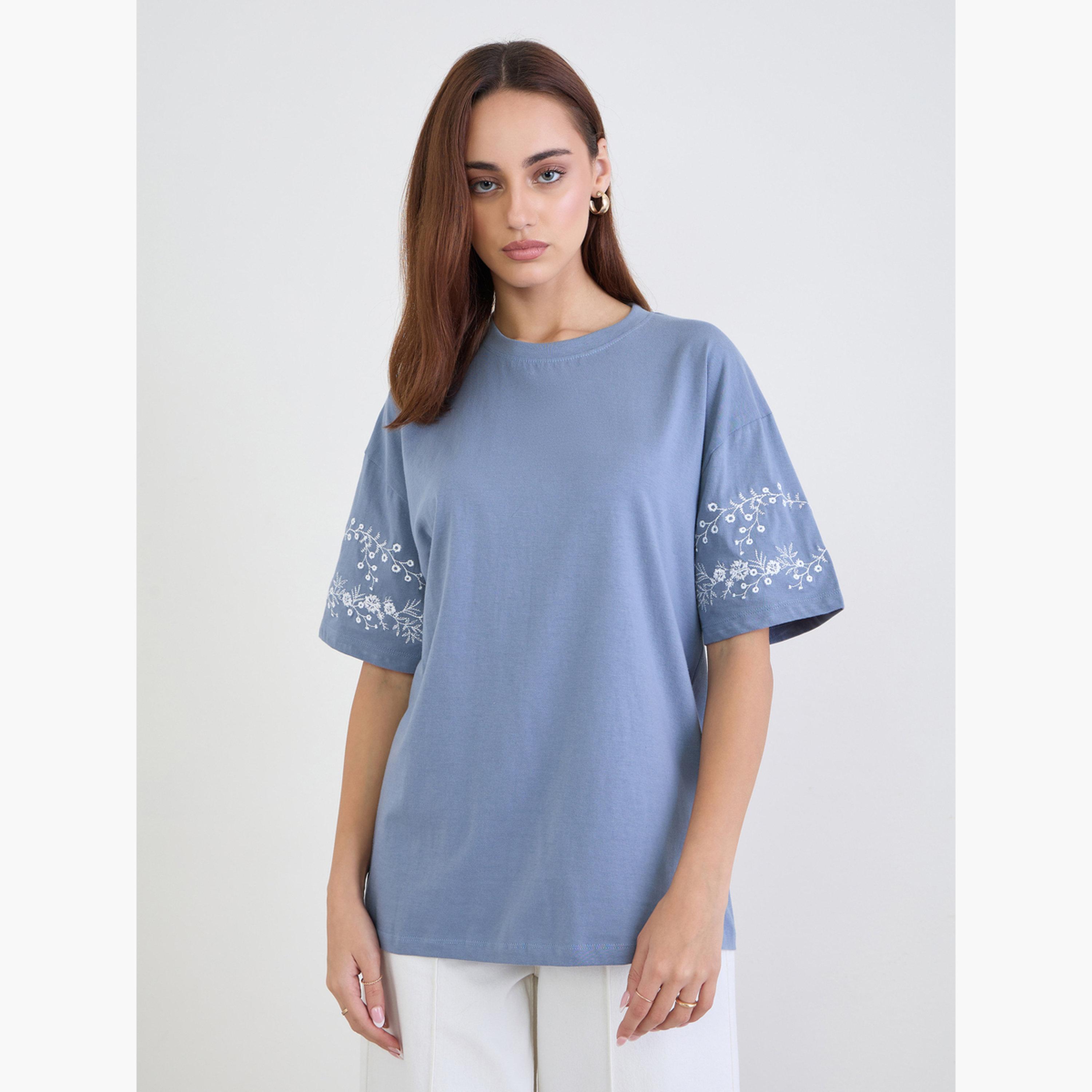 Styli Blue Embroidered Sleeve Oversized T-Shirt-women-clothing-tshirts-image-3