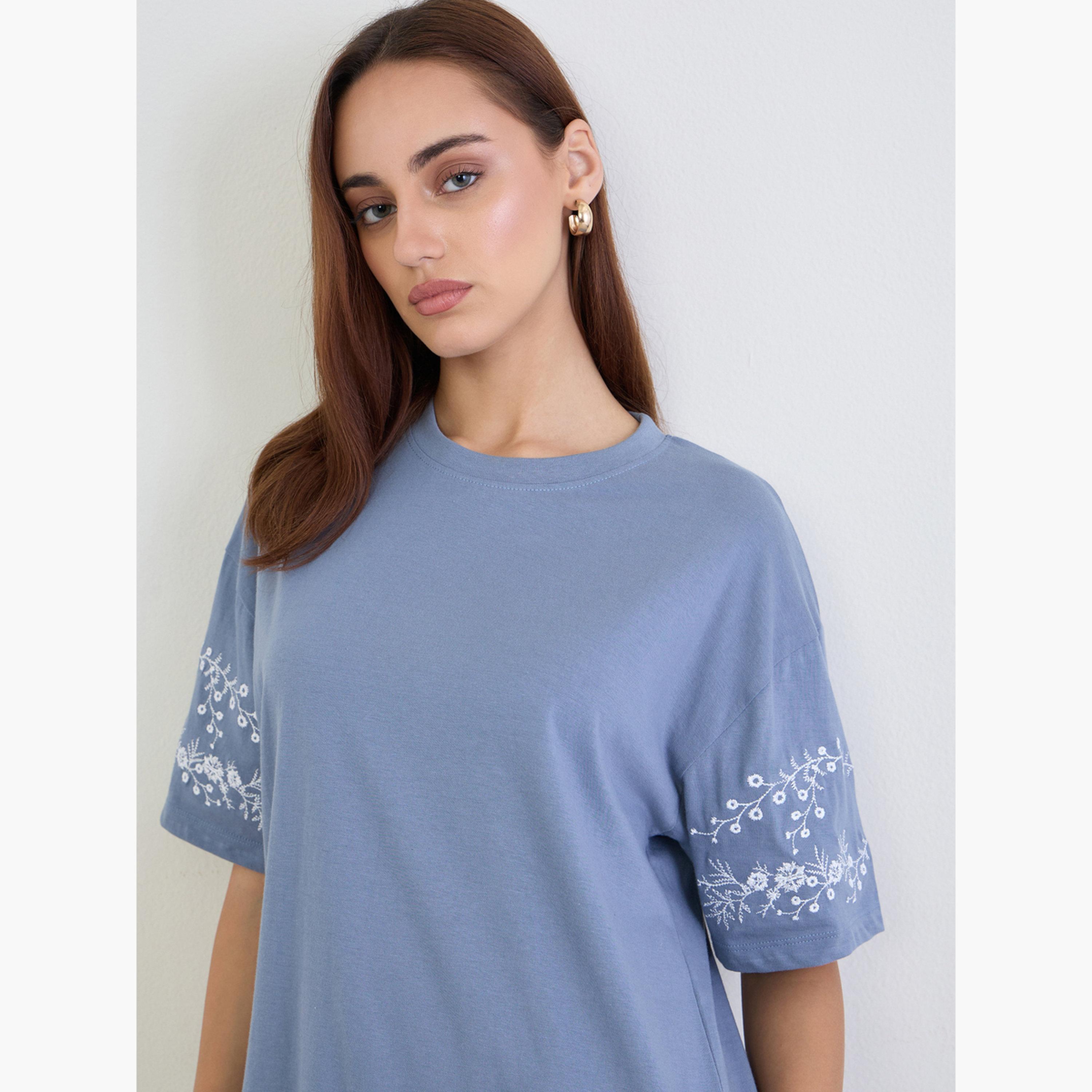 Styli Blue Embroidered Sleeve Oversized T-Shirt-women-clothing-tshirts-image-4