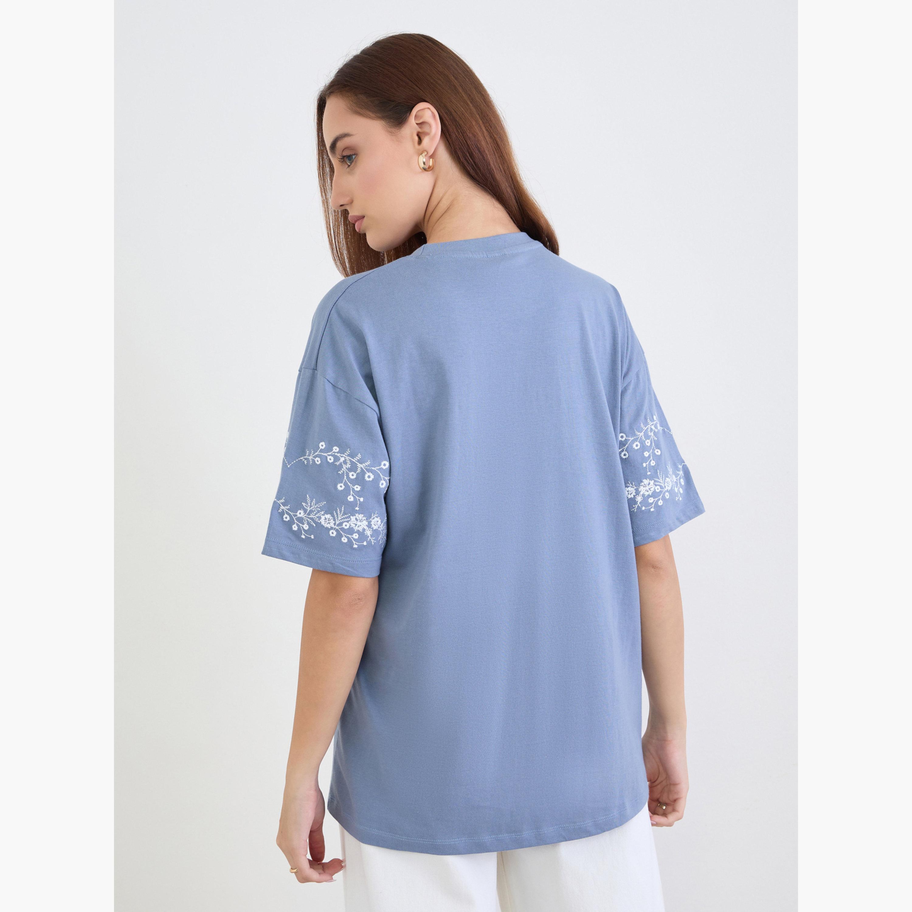 Styli Blue Embroidered Sleeve Oversized T-Shirt-women-clothing-tshirts-image-5