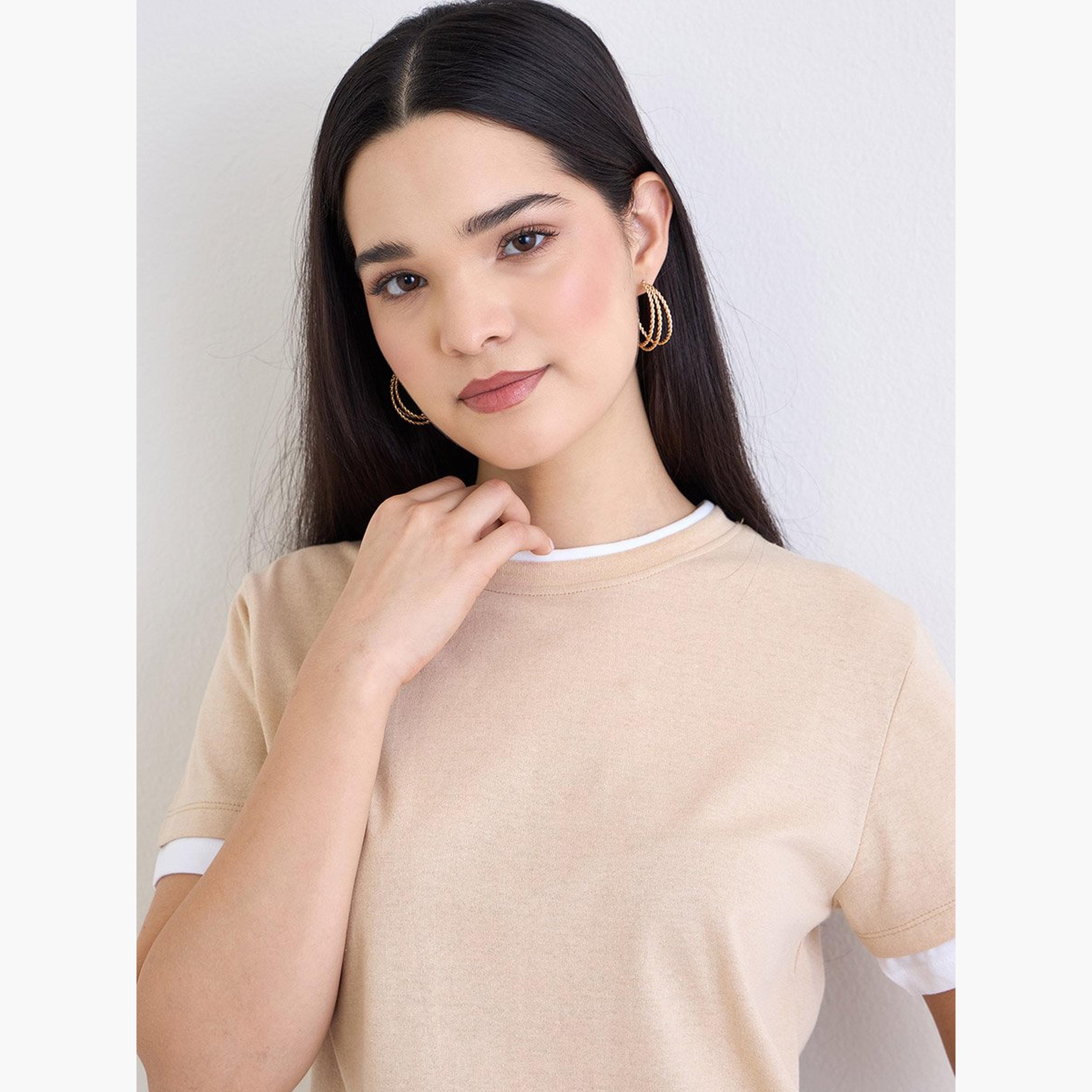 Styli Beige Regular Fit Cotton Ringer T-Shirt-women-clothing-tshirts-image-3