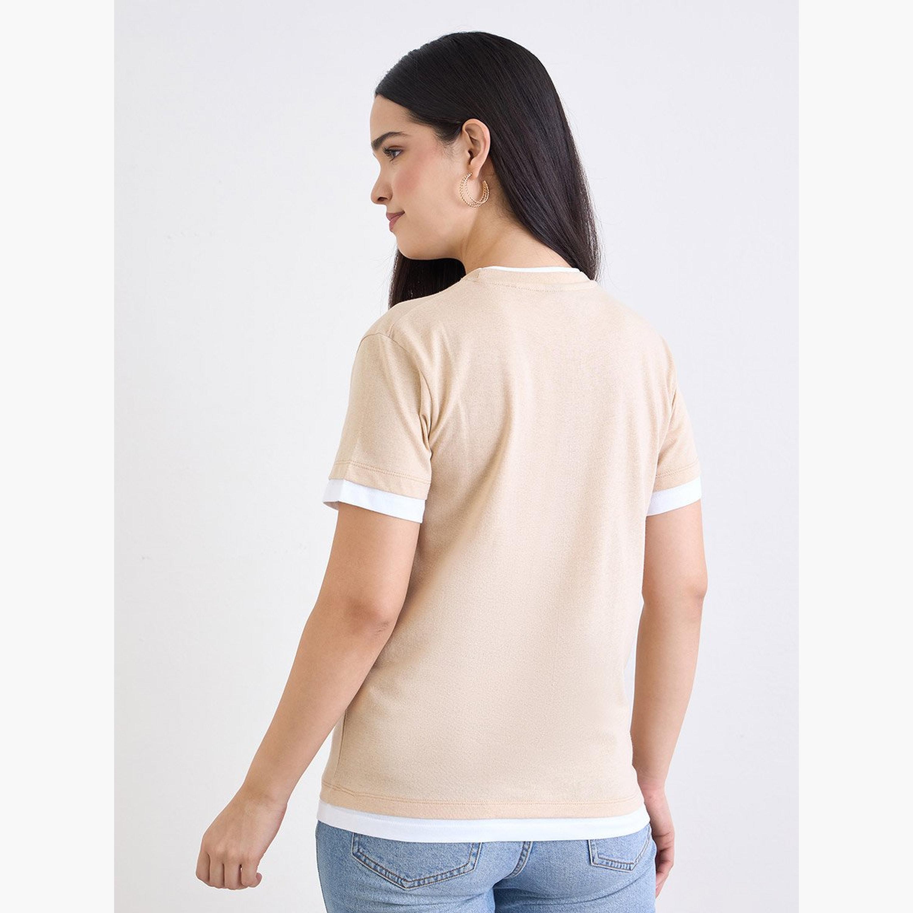Styli Beige Regular Fit Cotton Ringer T-Shirt-women-clothing-tshirts-image-4