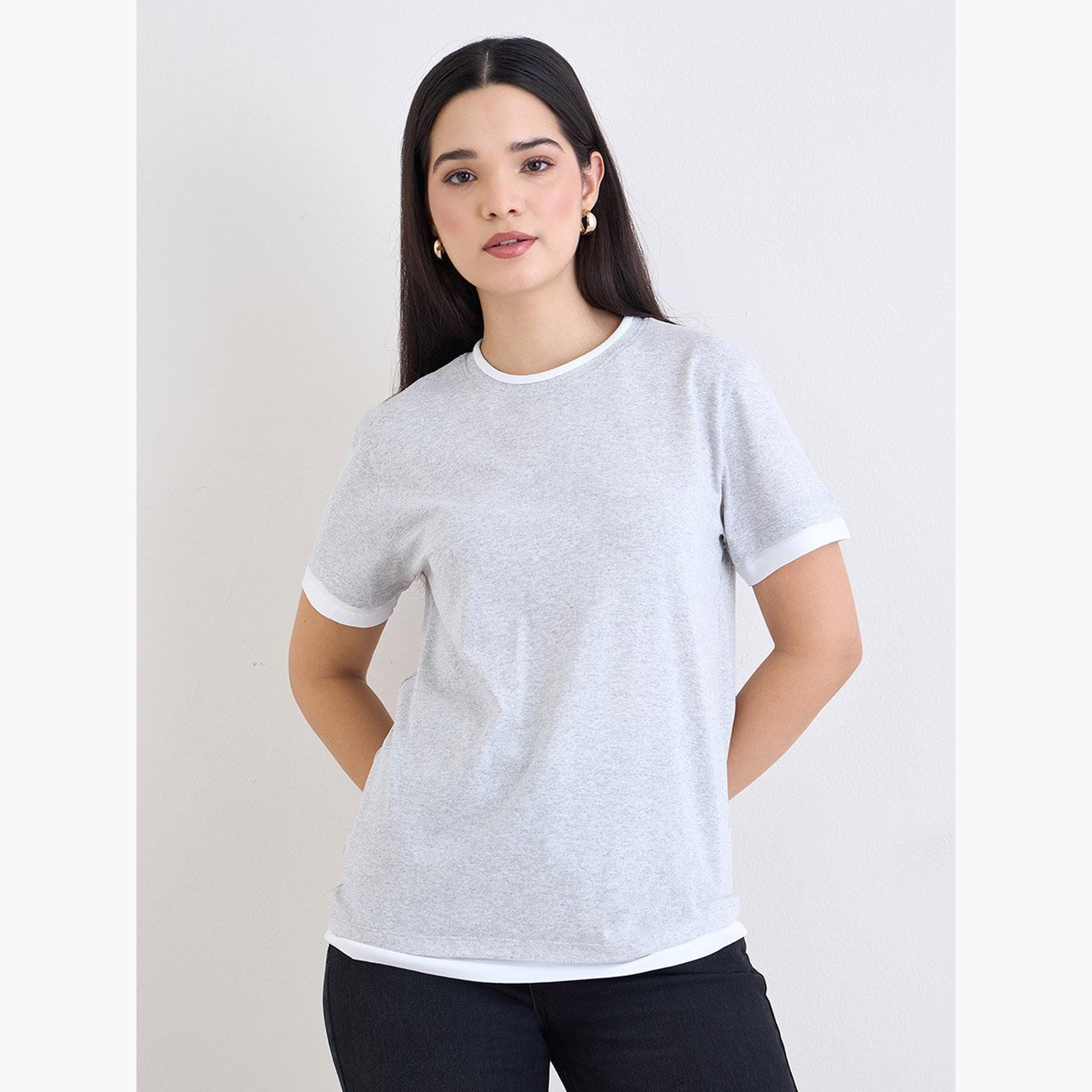 Styli Grey Regular Fit Cotton Ringer T-Shirt-women-clothing-tshirts-image-1