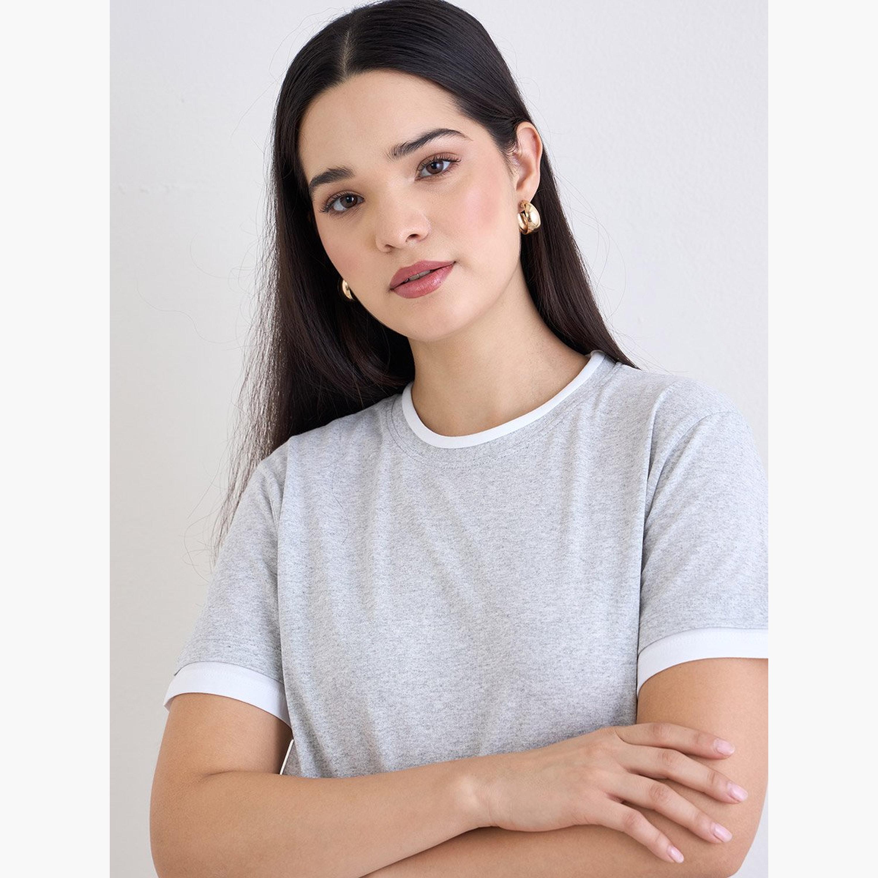 Styli Grey Regular Fit Cotton Ringer T-Shirt-women-clothing-tshirts-image-3