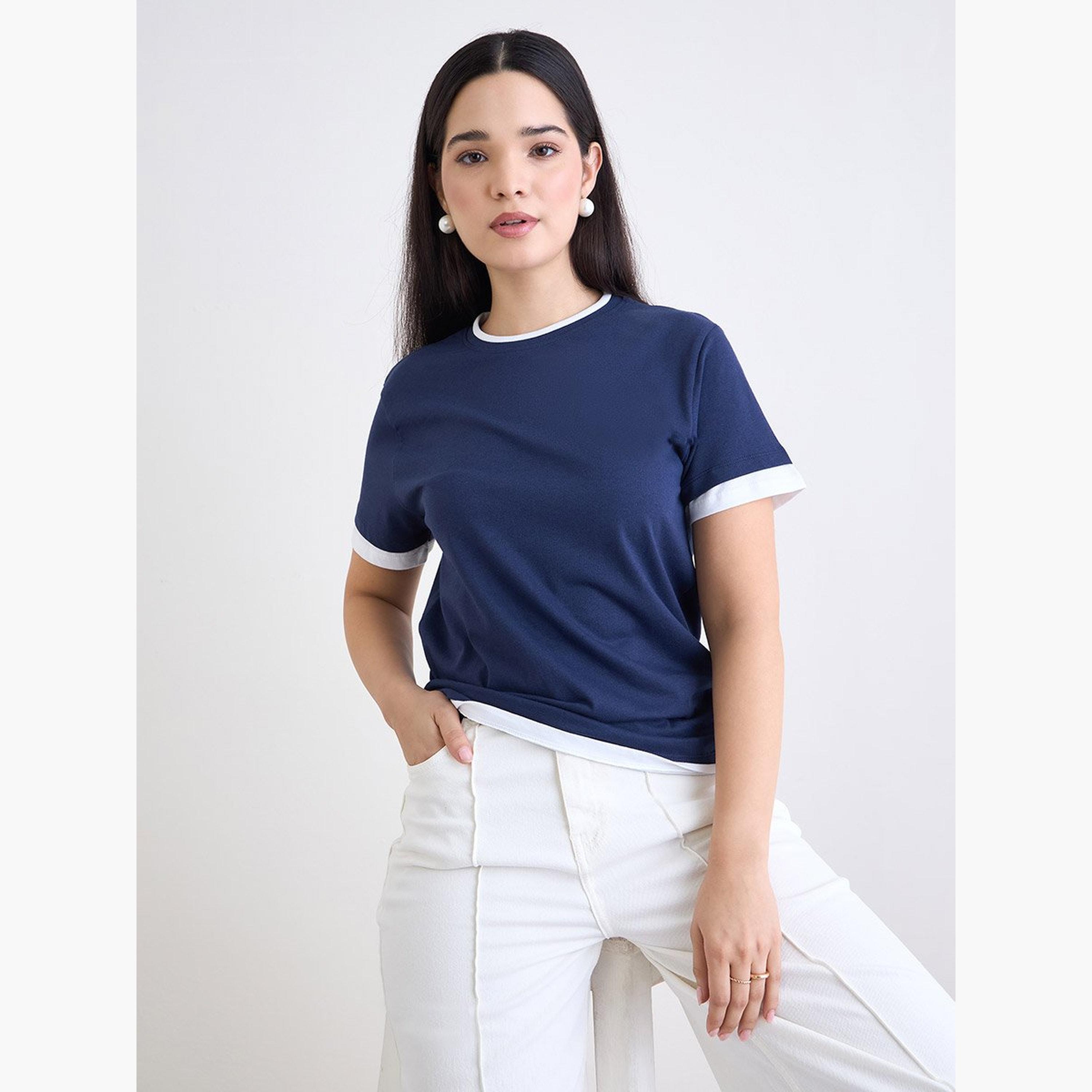 Styli Navy Blue Regular Fit Cotton Ringer T-Shirt-women-clothing-tshirts-image-1