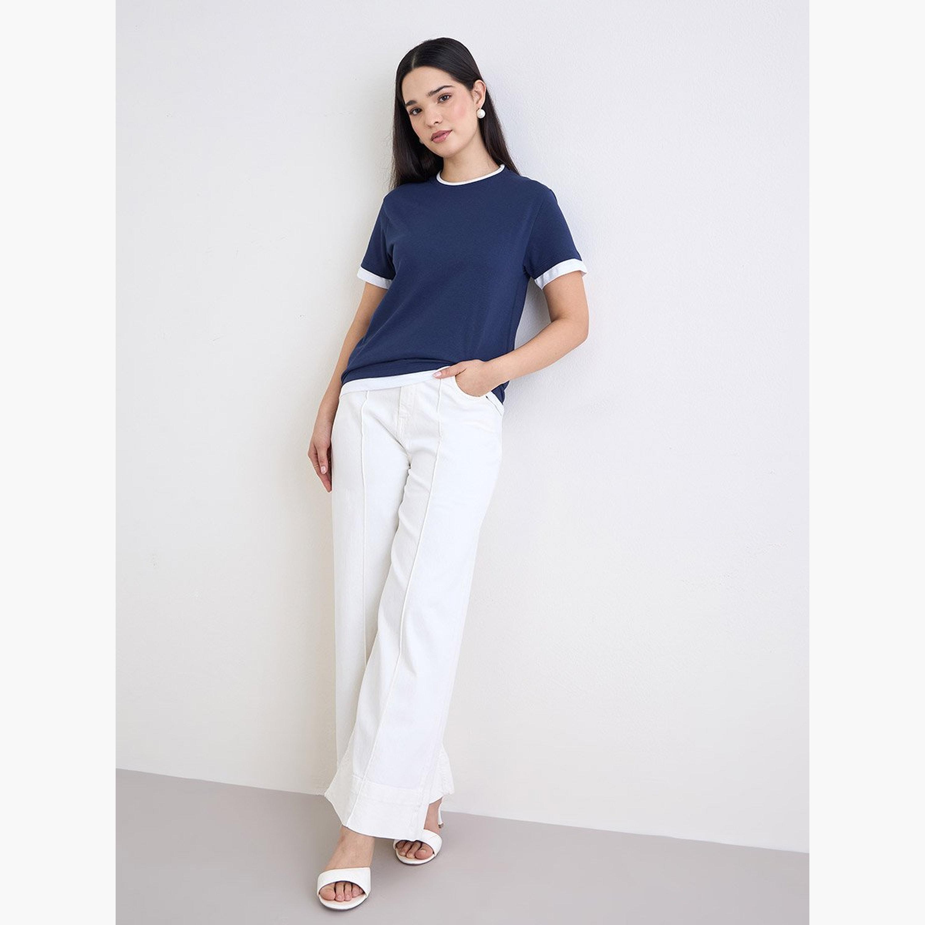 Styli Navy Blue Regular Fit Cotton Ringer T-Shirt-women-clothing-tshirts-image-2