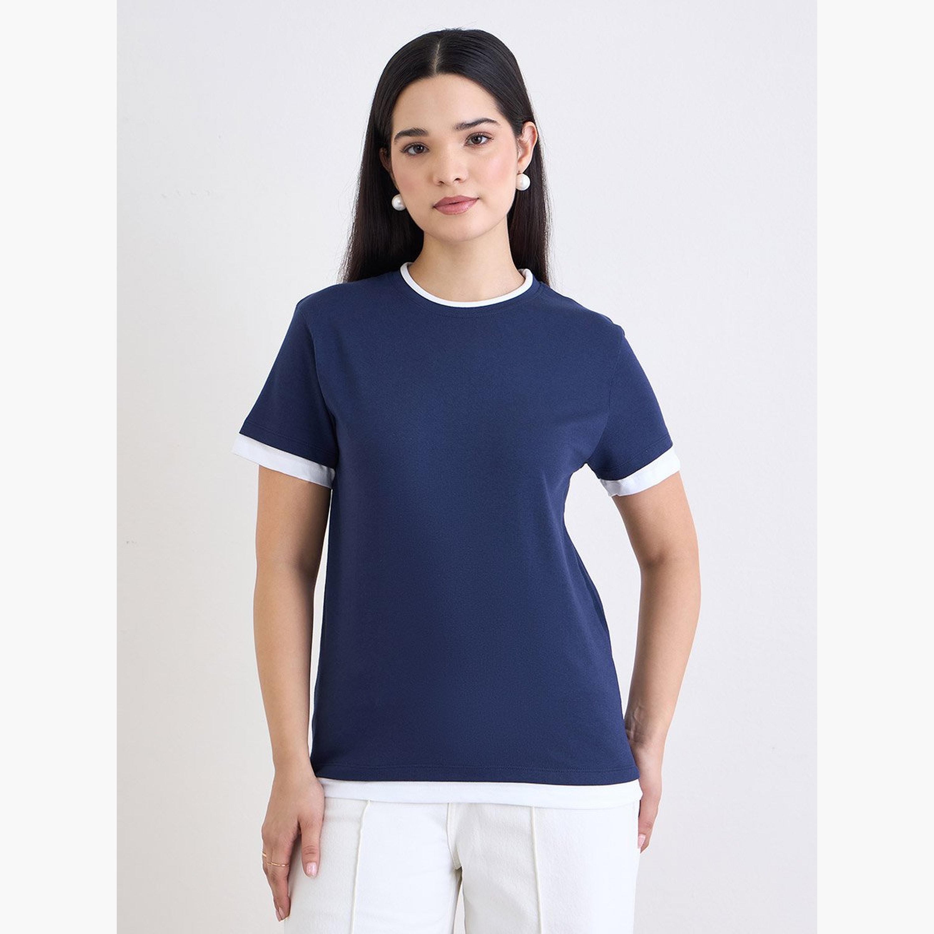 Styli Navy Blue Regular Fit Cotton Ringer T-Shirt-women-clothing-tshirts-image-3