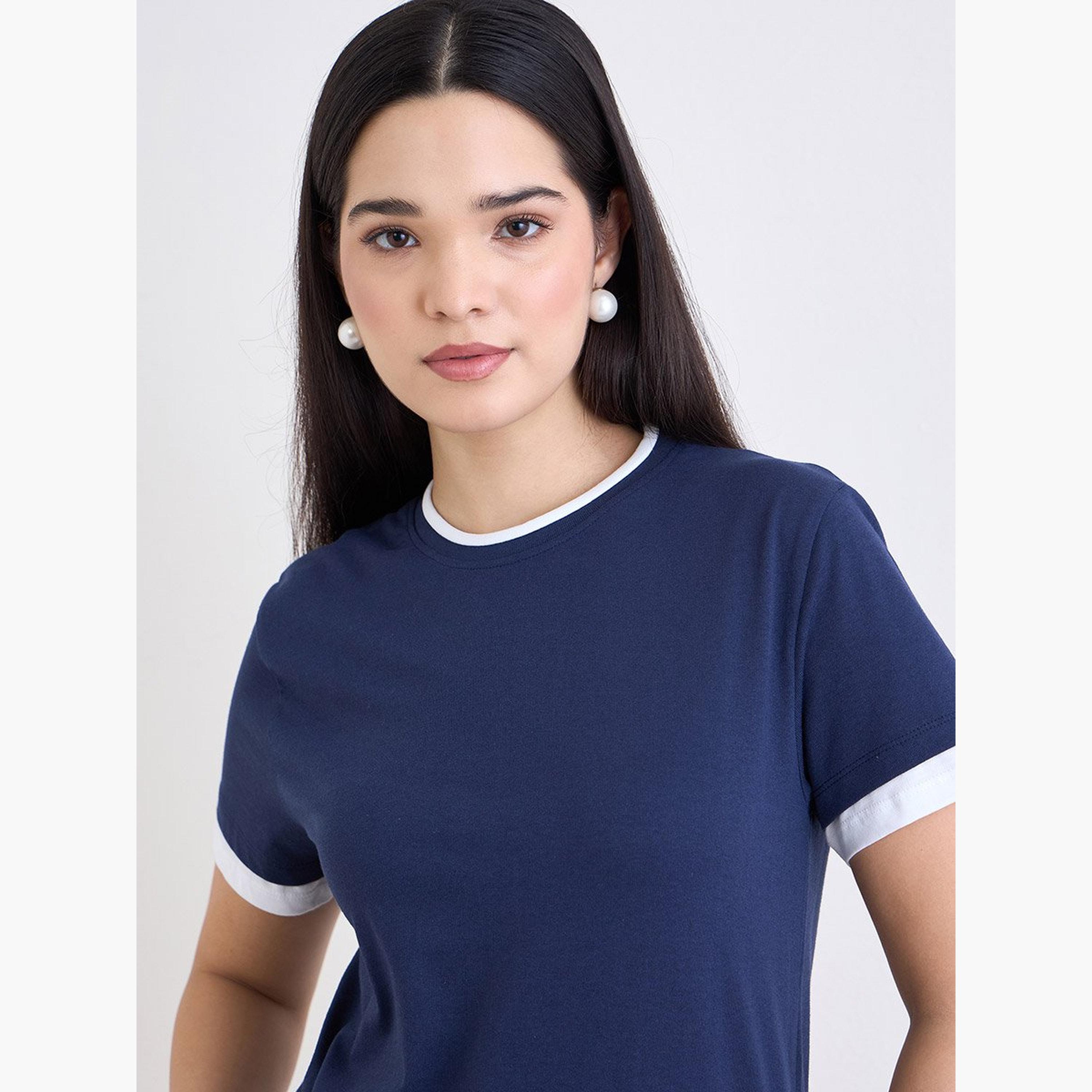 Styli Navy Blue Regular Fit Cotton Ringer T-Shirt-women-clothing-tshirts-image-4