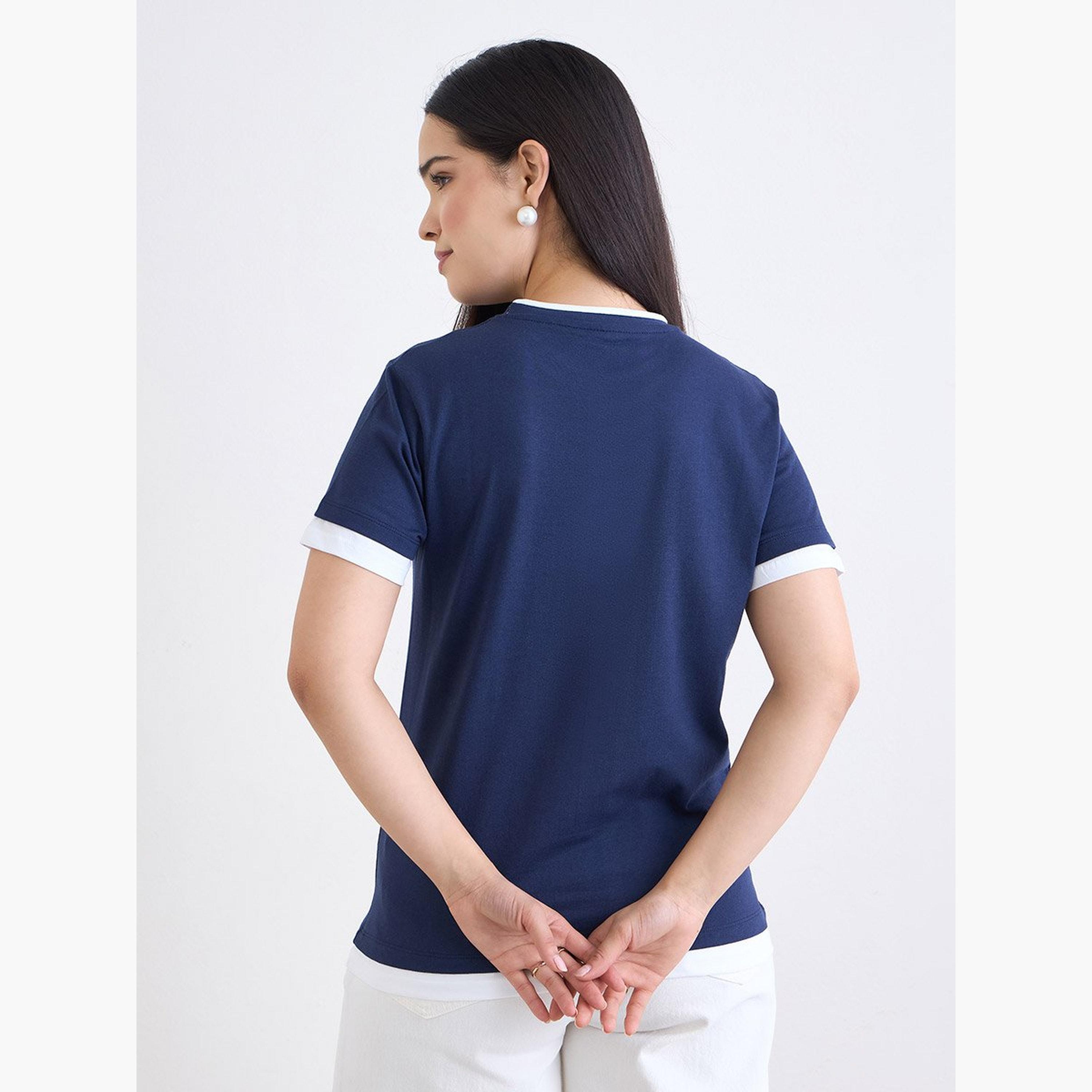 Styli Navy Blue Regular Fit Cotton Ringer T-Shirt-women-clothing-tshirts-image-5