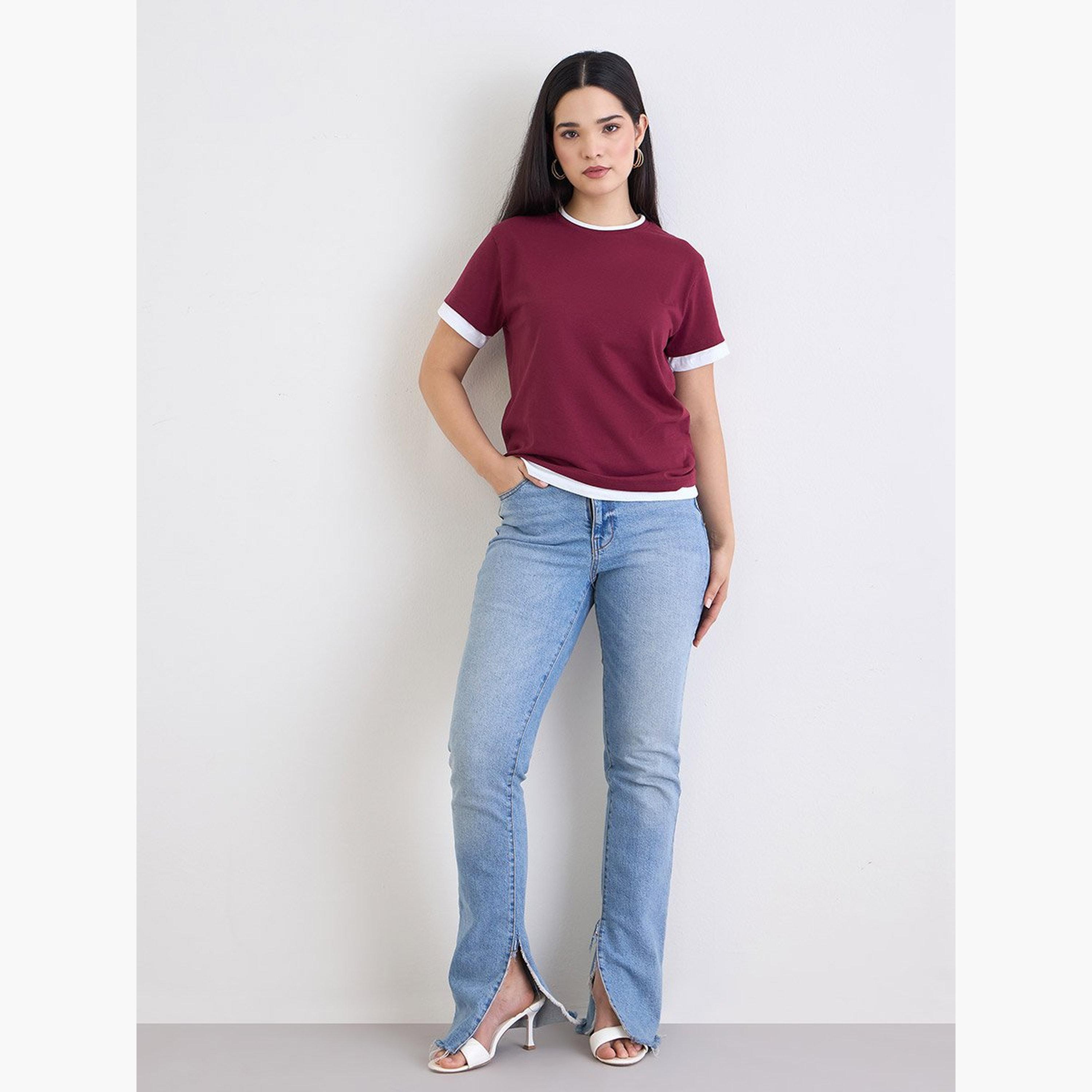Styli Burgundy Regular Fit Cotton Ringer T-Shirt-women-clothing-tshirts-image-1