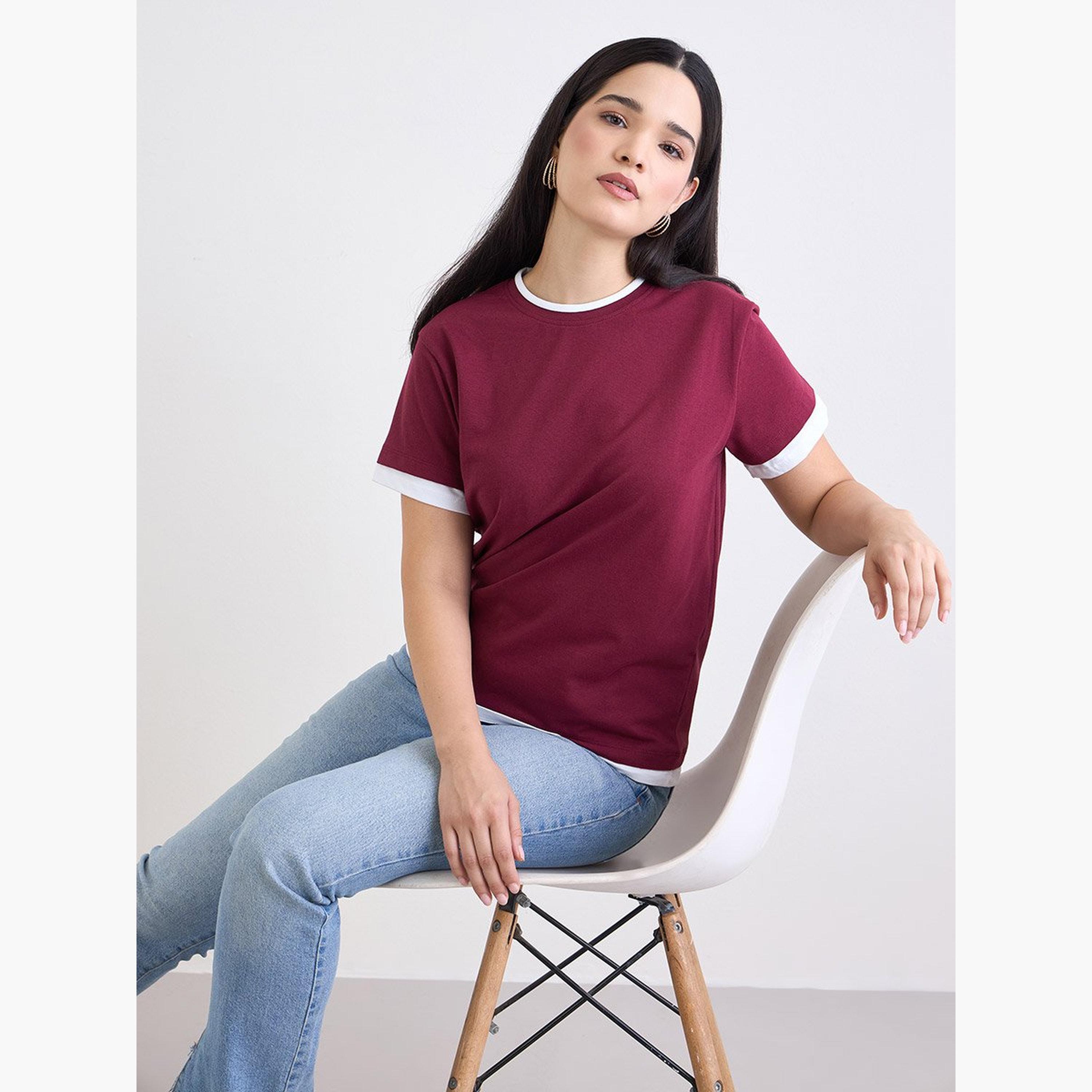 Styli Burgundy Regular Fit Cotton Ringer T-Shirt-women-clothing-tshirts-image-2