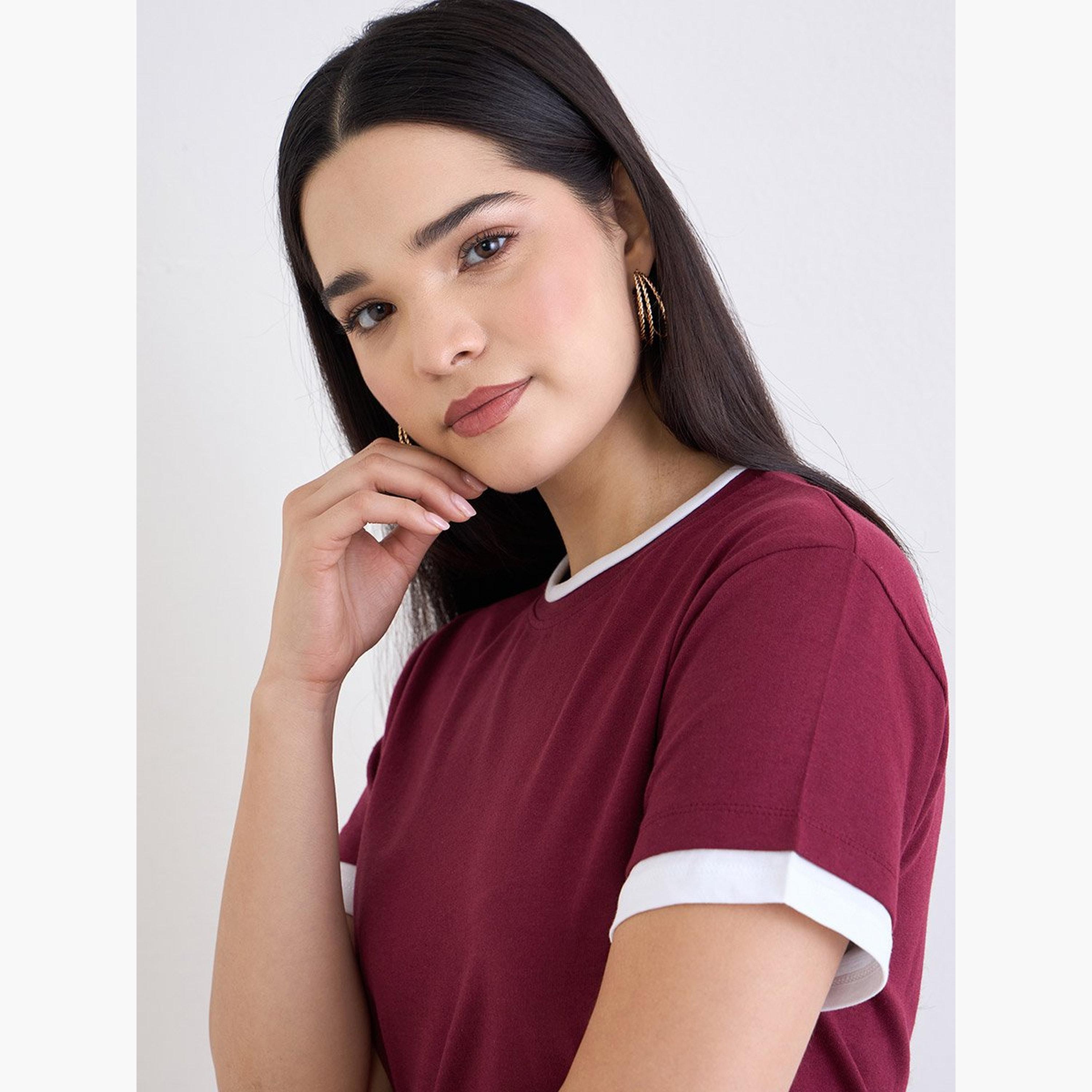 Styli Burgundy Regular Fit Cotton Ringer T-Shirt-women-clothing-tshirts-image-3